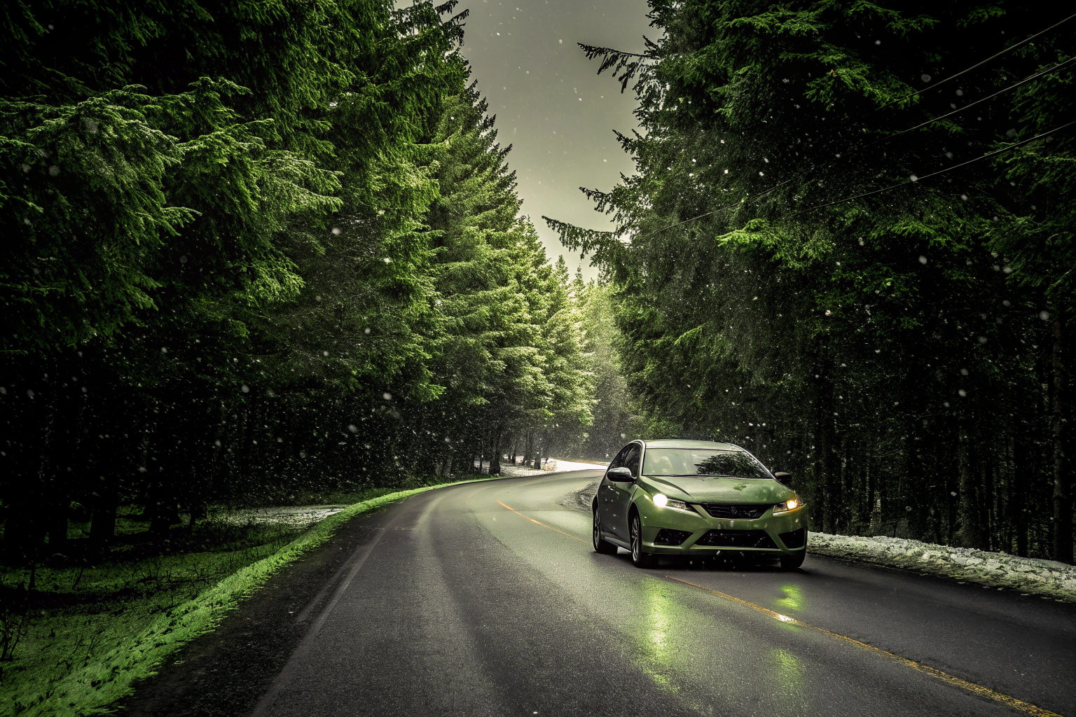 Ein Auto fährt durch eine verschneite Landschaft. Auto im Schnee
