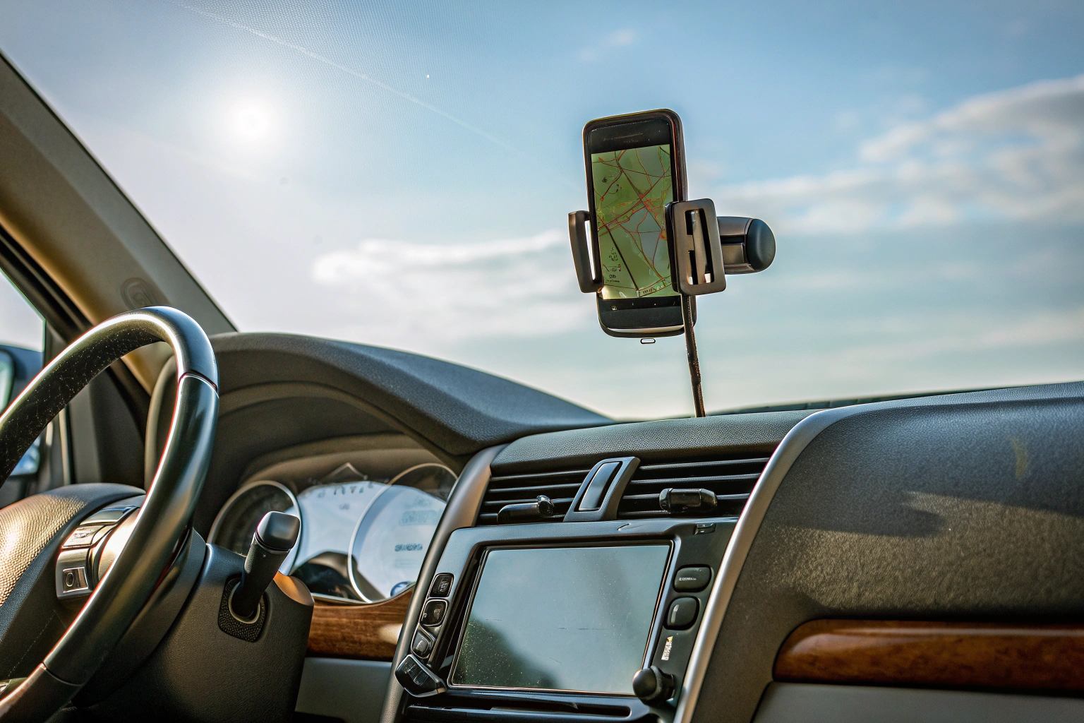 Ein Auto-Interieur mit verschiedenen praktischen Gadgets. Auto-Interieur mit Gadgets