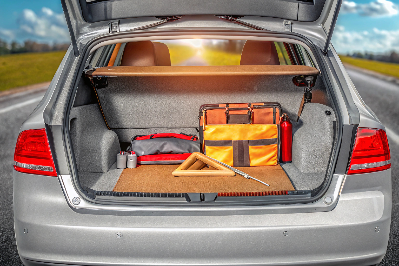 Ein Auto mit einem geöffneten Kofferraum, in dem ein komplettes Sicherheitsset ordentlich verstaut ist. Sicherheitsausstattung im Kofferraum