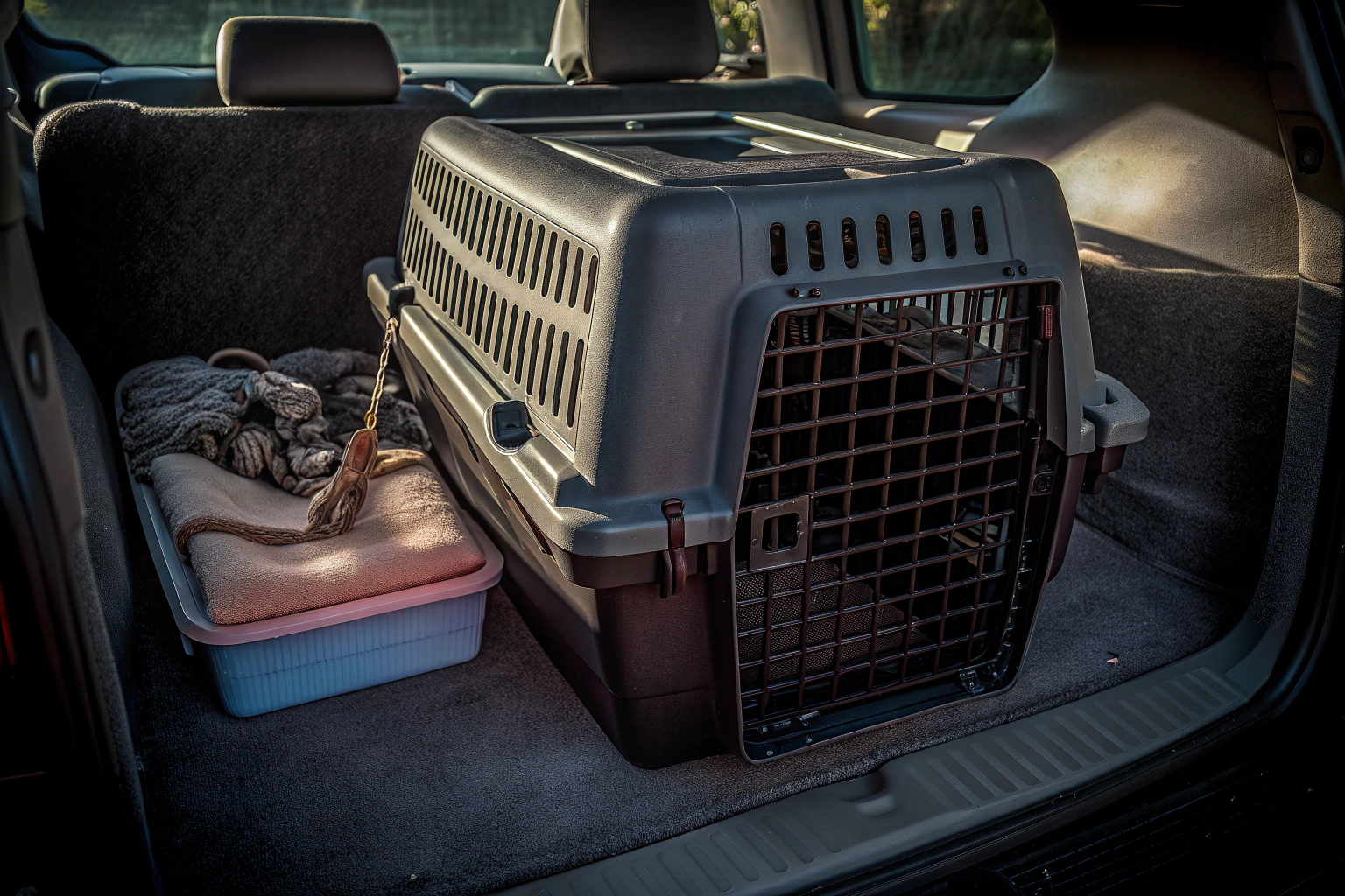 Ein Auto mit einer gut gesicherten Tiertransportbox im Kofferraum. Sicherer Transport von Tieren im Auto