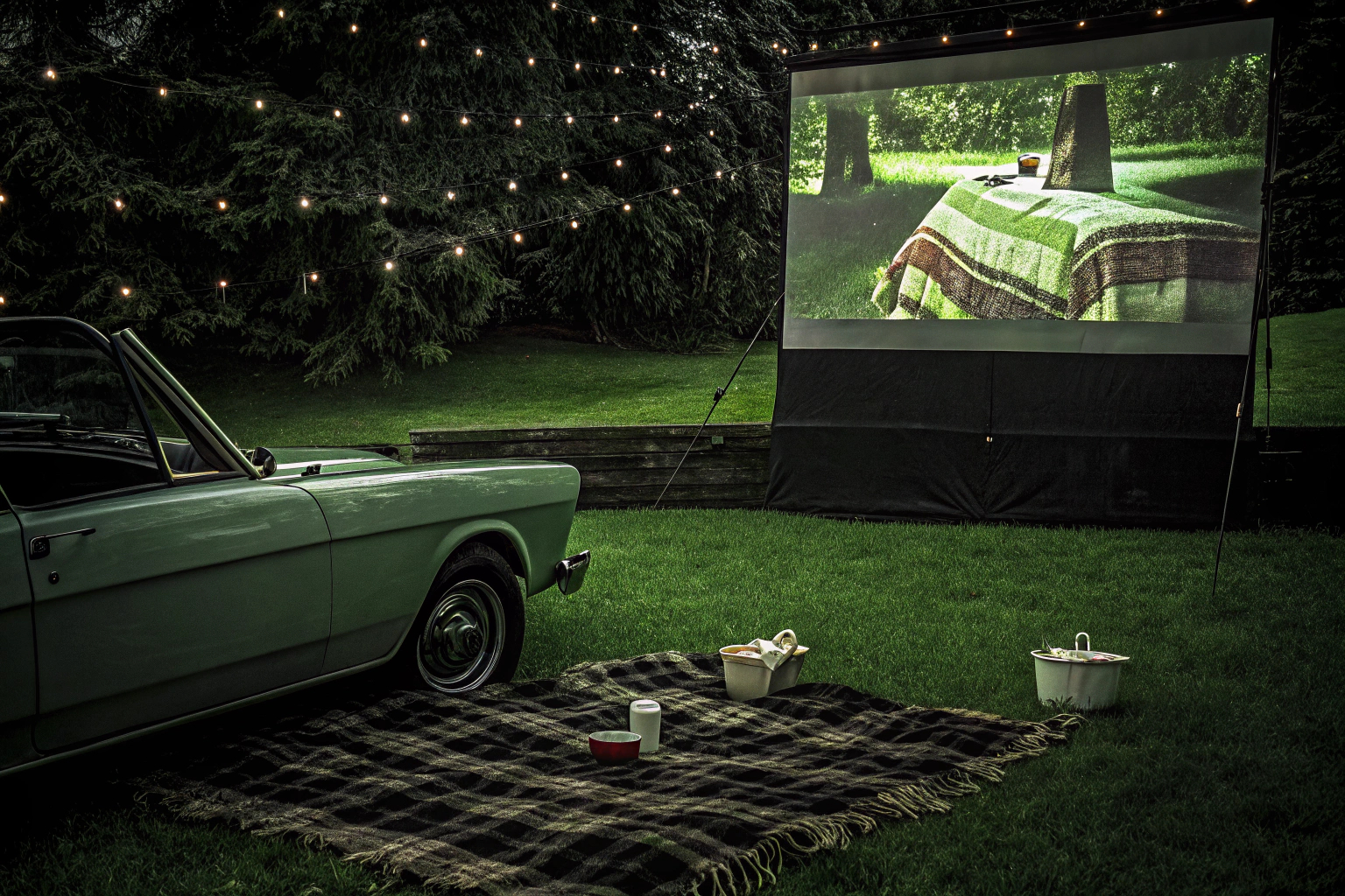 Ein Auto mit einer mobilen Leinwand im Freien, bereit für einen Filmabend unter freiem Himmel. Mobile Leinwand im Autokino