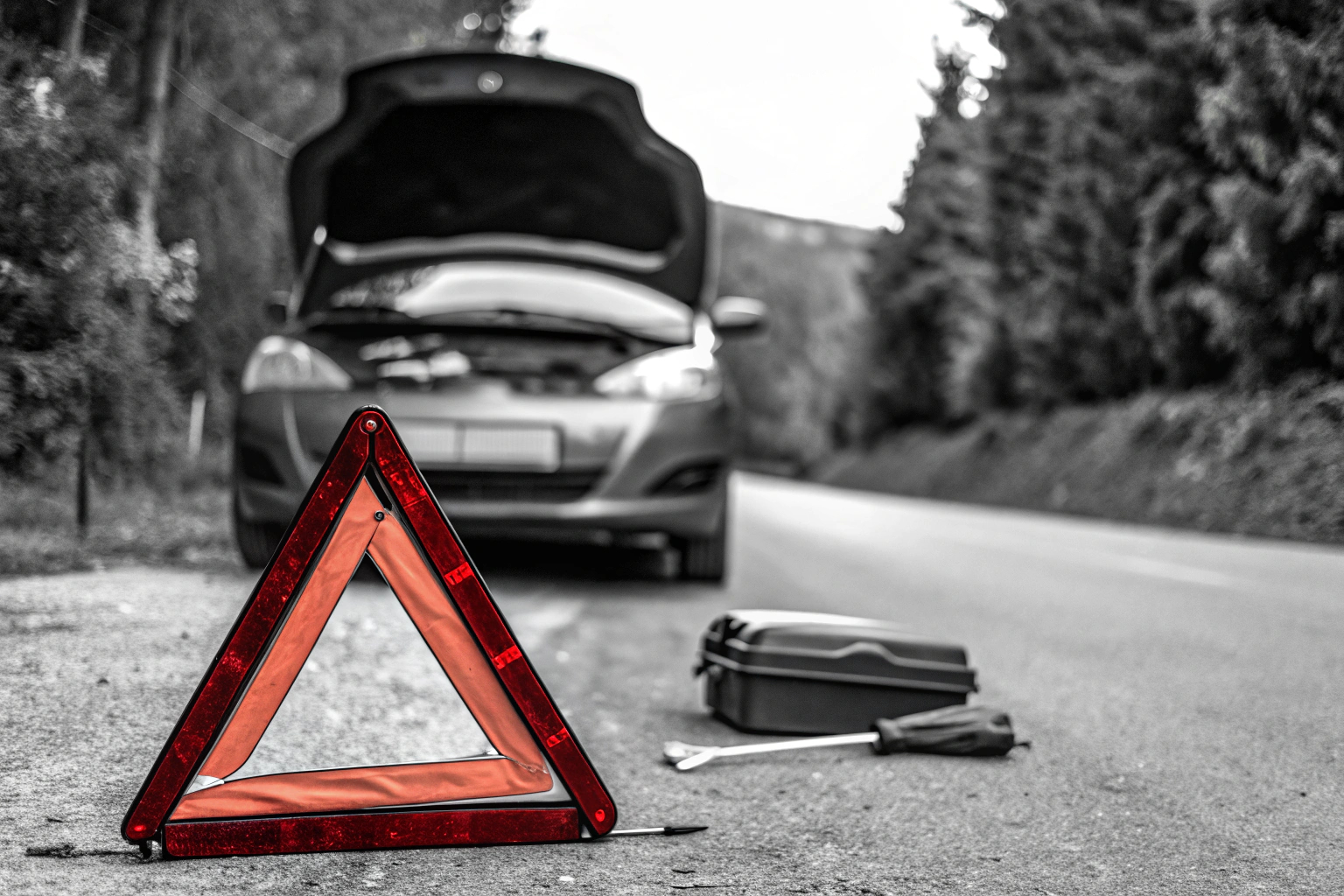 Auto mit Pannenhilfe-Kit am Straßenrand