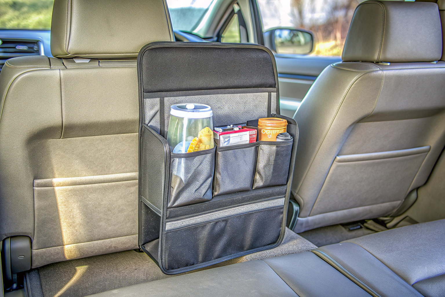 Ein Auto-Organizer mit verschiedenen Fächern und Taschen, der im Kofferraum eines Autos angebracht ist. Auto-Organizer im Kofferraum