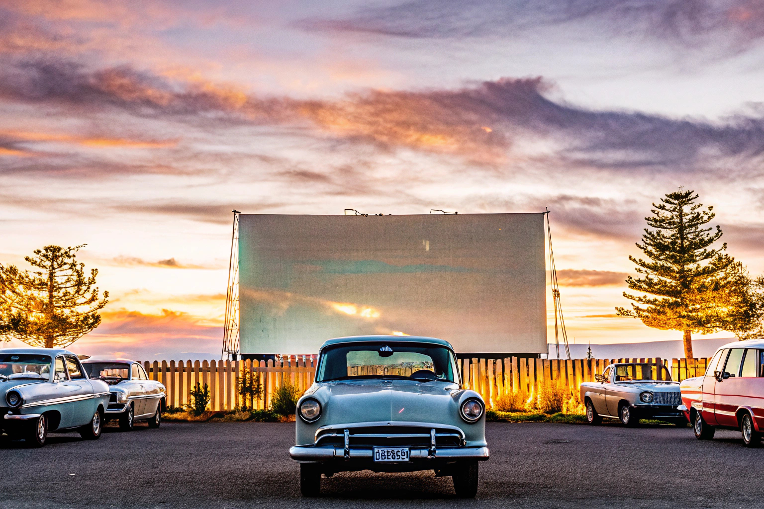 Ein Auto vor einer großen Leinwand im Autokino, umgeben von anderen Fahrzeugen, während die Sonne untergeht. Auto im Autokino bei Sonnenuntergang
