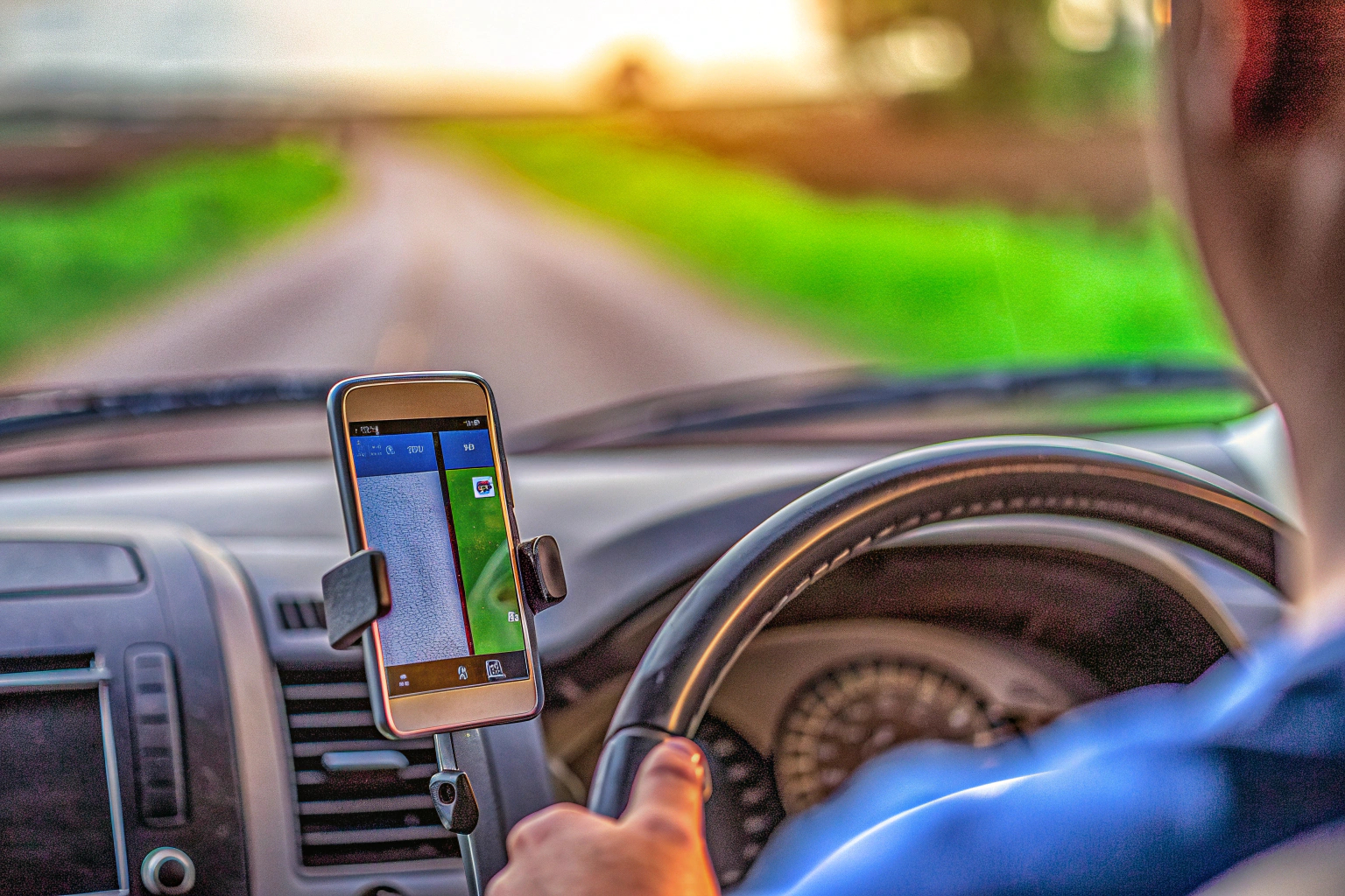 Ein Autofahrer, der konzentriert auf die Straße blickt, während sein Handy in einer Halterung fixiert ist. Fokussierter Autofahrer mit Handyhalterung
