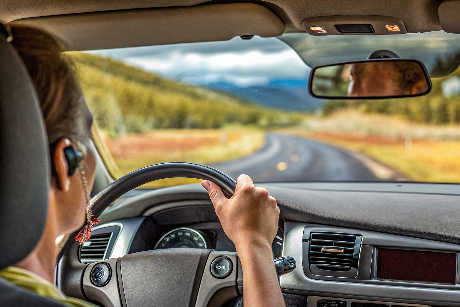 Ein Autofahrer, der mit einem Bluetooth-Headset telefoniert, während er sicher auf die Straße achtet. Autofahrer mit Bluetooth-Headset