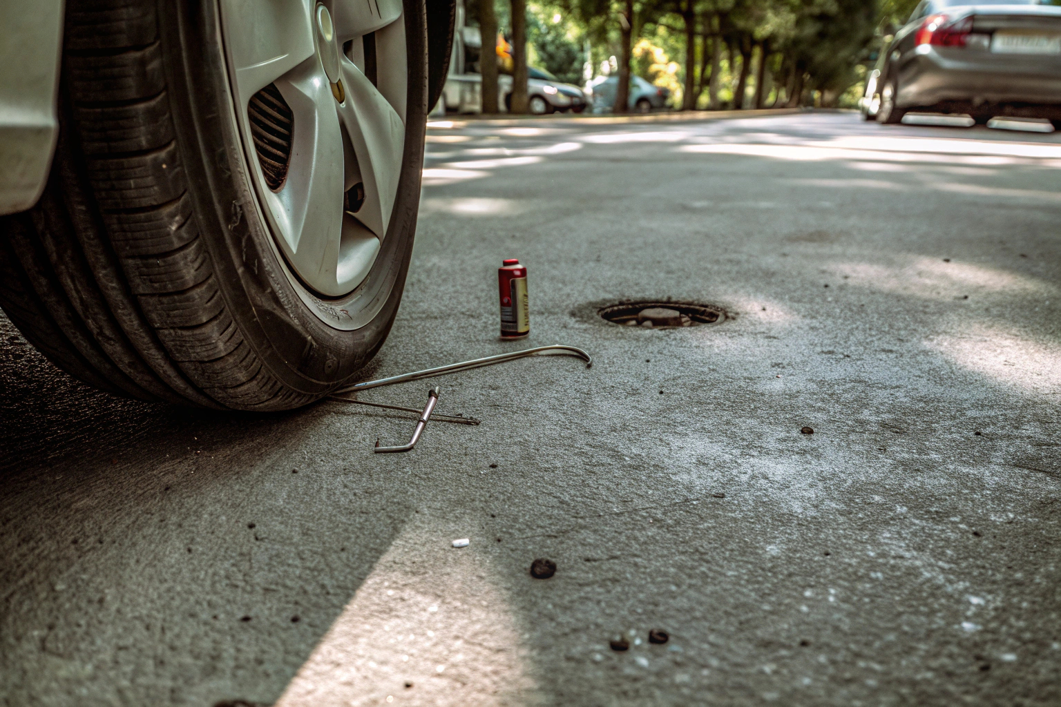 Ein Autofahrer füllt mit einem Reifendichtmittel eine Reifenpanne auf. Reifendichtmittel im Einsatz bei einer Panne