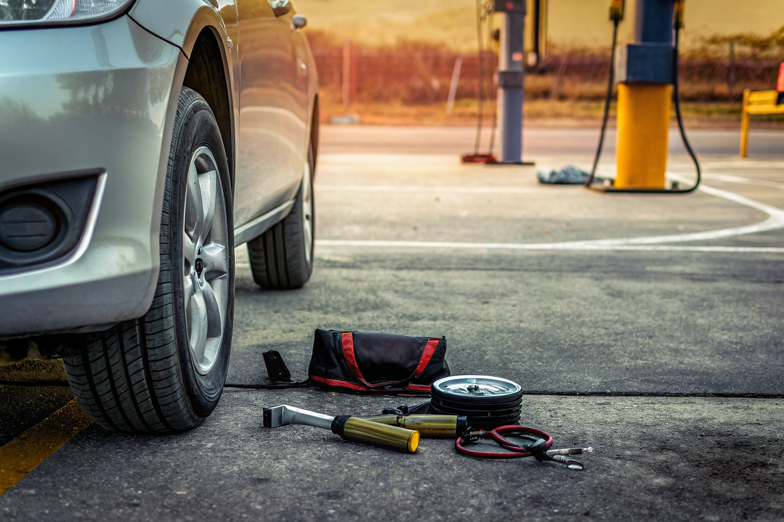 Ein Autofahrer überprüft den Reifendruck an einer Tankstelle. Autofahrer überprüft Reifendruck
