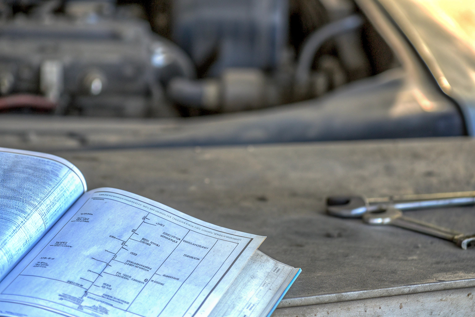 Ein Automechaniker, der ein Autohandbuch benutzt, um eine Reparatur durchzuführen. Automechaniker mit Autohandbuch