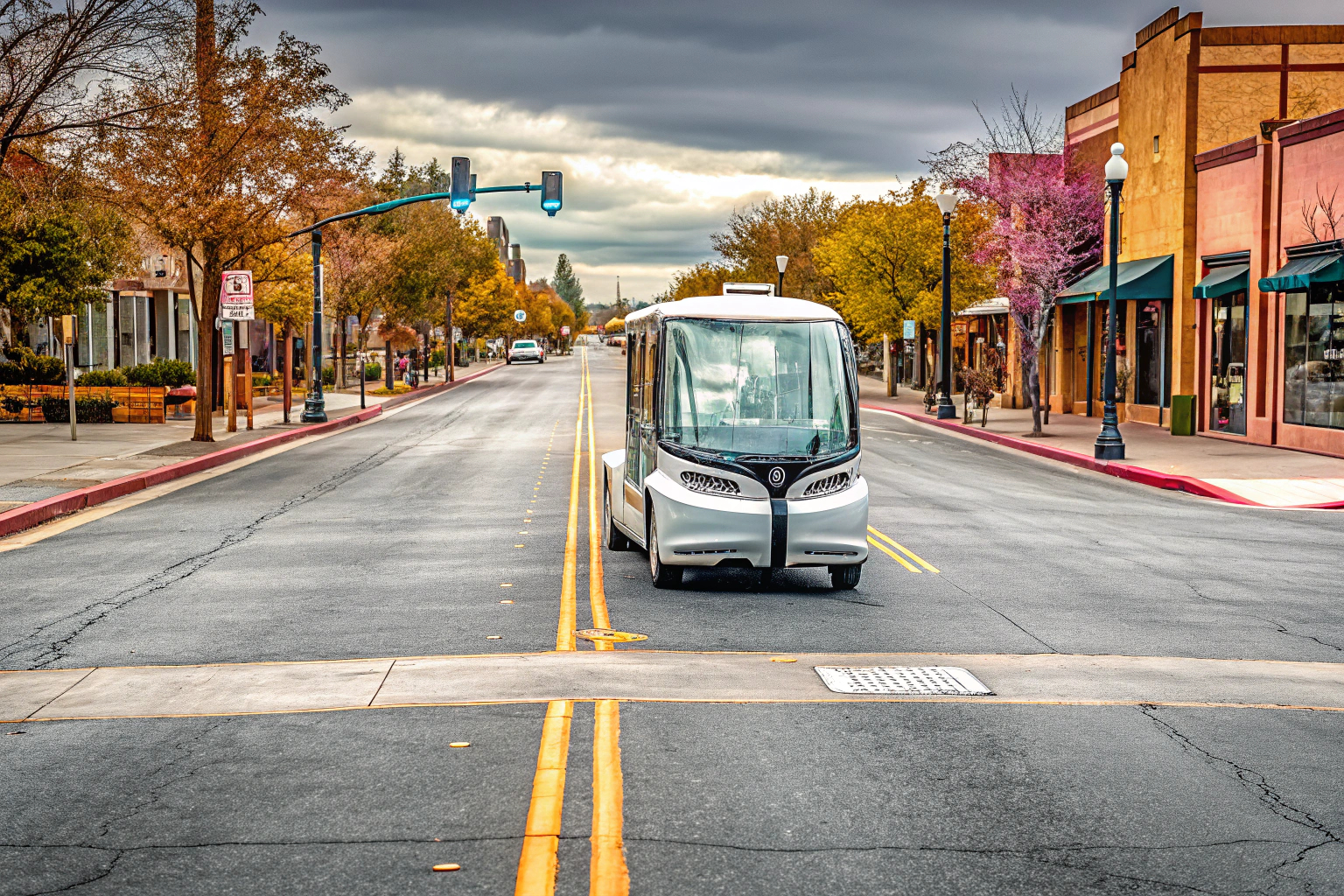 Ein autonomer Shuttlebus im Einsatz in einer Kleinstadt, der als Teil des öffentlichen Nahverkehrs dient. Autonomer Shuttlebus im öffentlichen Nahverkehr