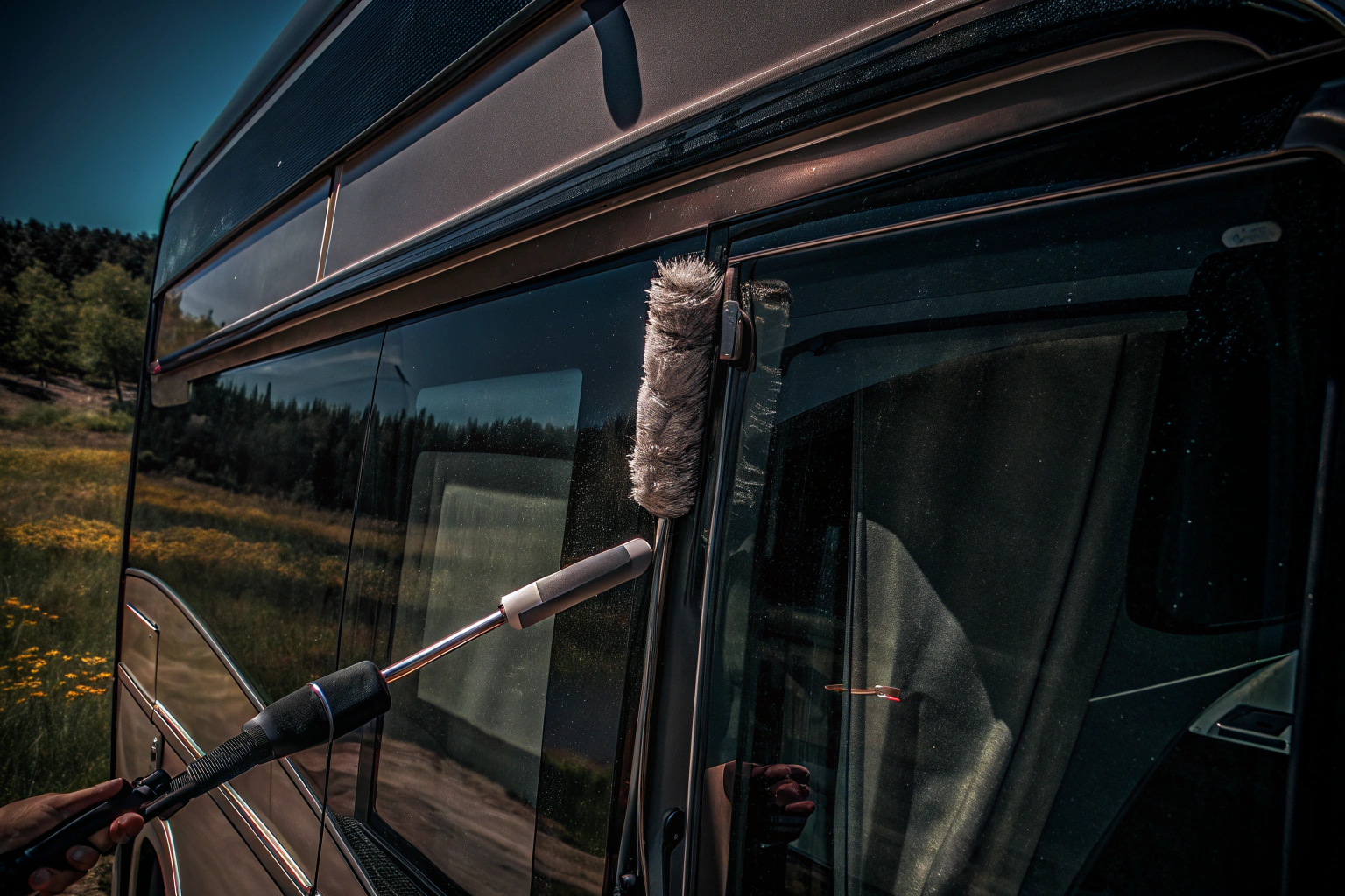 Ein Camper reinigt seinen Wohnwagen mit einer Teleskopbürste Wohnwagen Reinigung