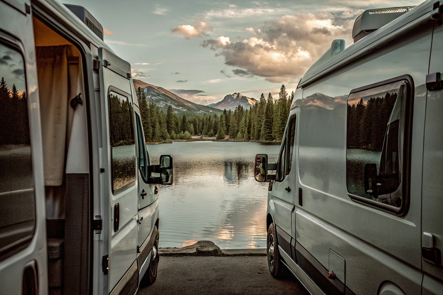 Ein Campingplatz an einem See, umgeben von Bergen und Wäldern. Campingplatz am See