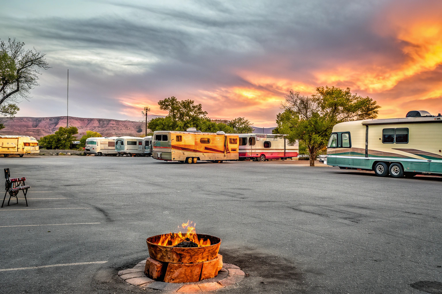 Campingplatz bei Sonnenuntergang