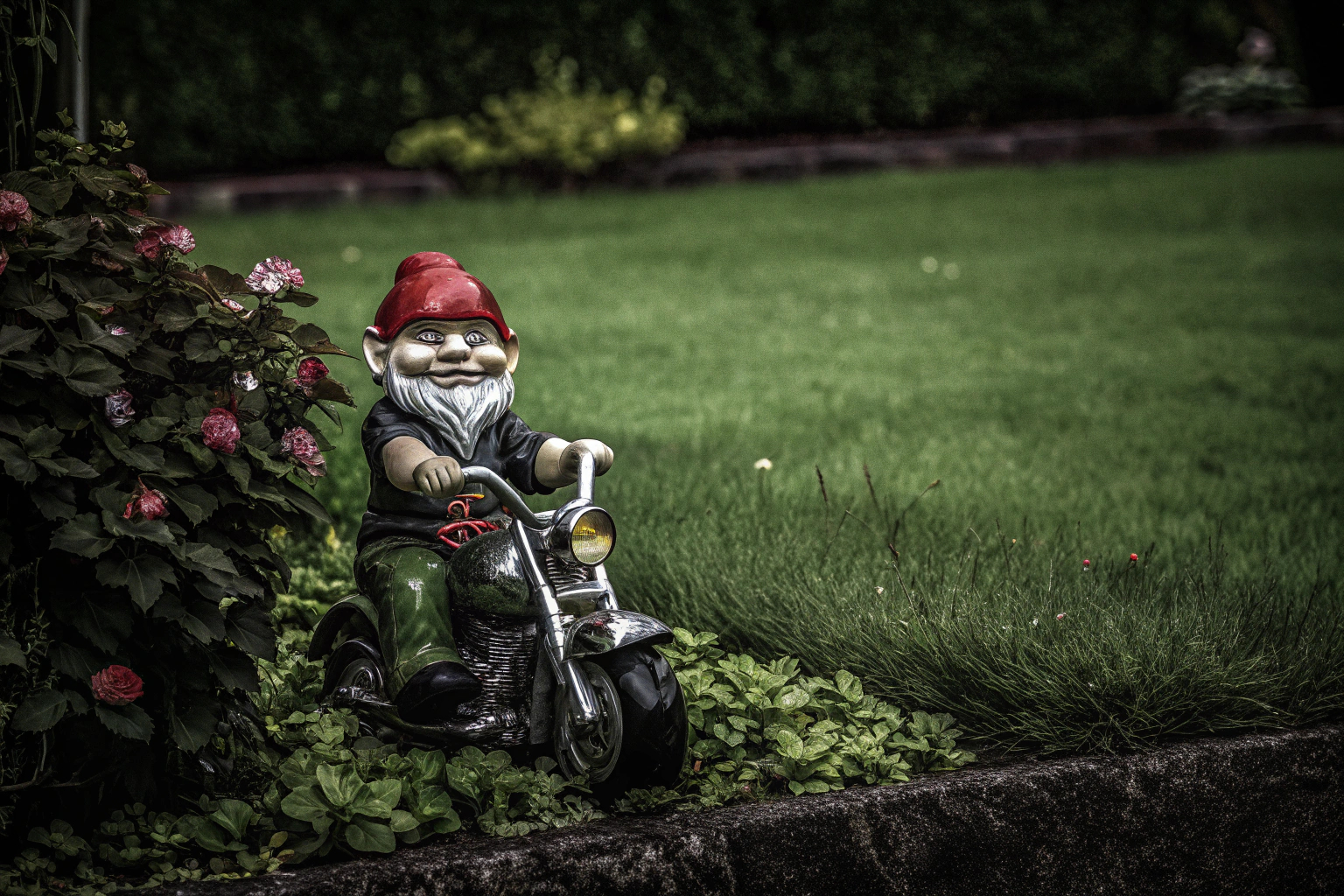 Ein dekorativer Motorrad-Gartenzwerg. Motorrad-Gartenzwerg