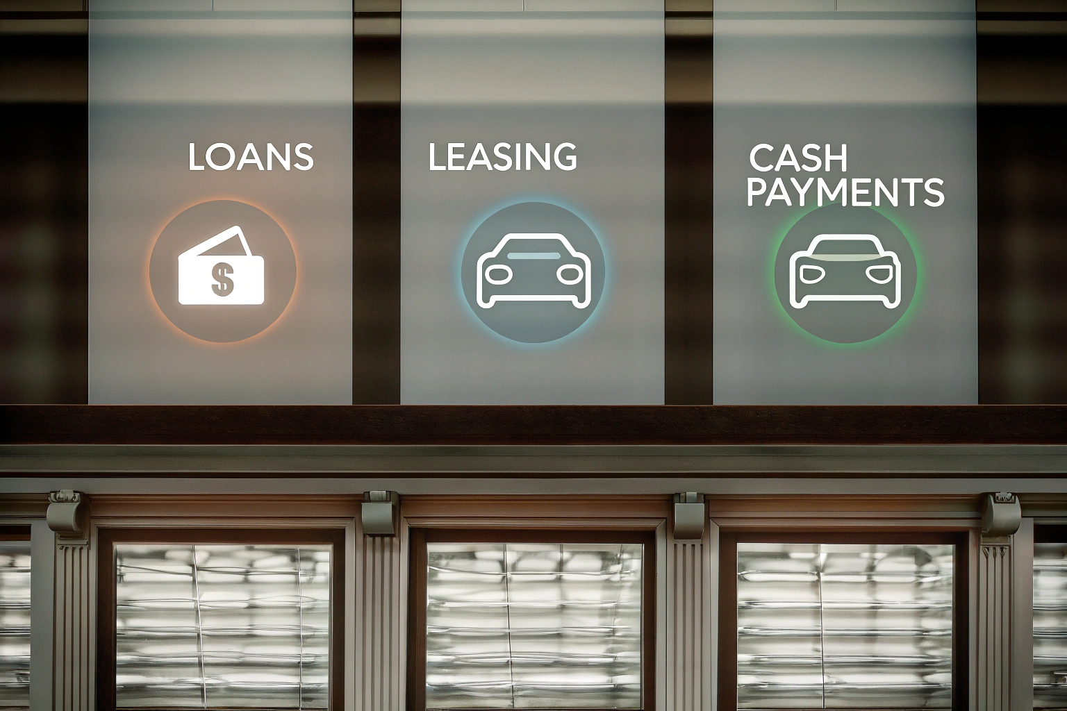 Ein Diagramm, das die Vor- und Nachteile von Kredit, Leasing und Barzahlung vergleicht. Vergleich der Finanzierungsoptionen