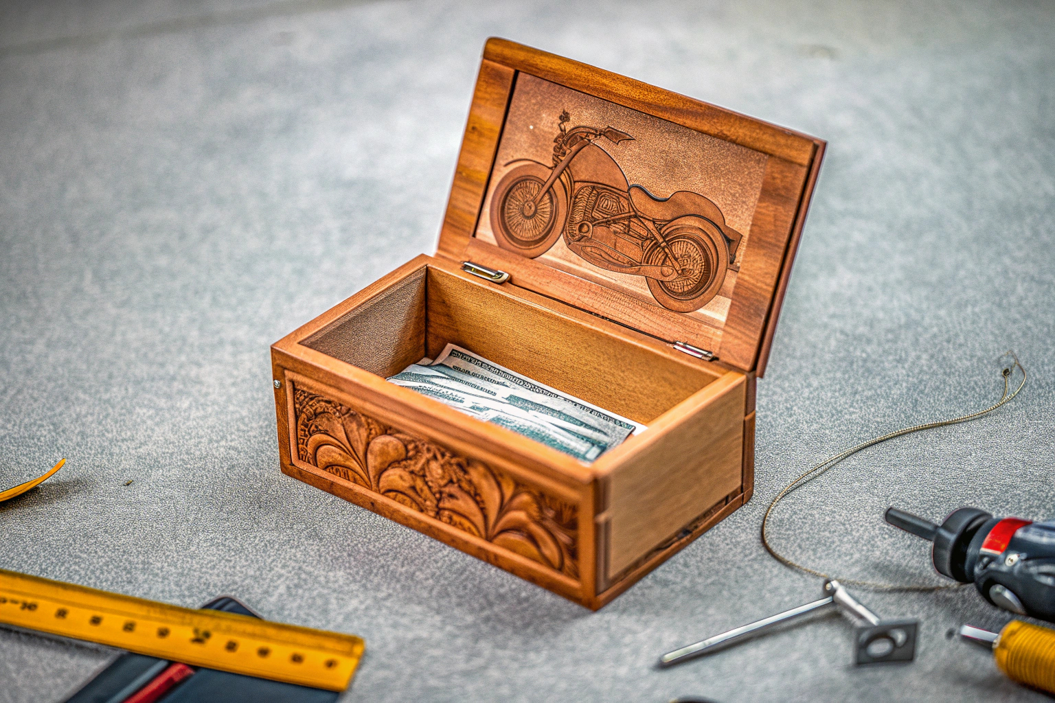 Ein DIY-Holzgeschenk für Motorradliebhaber, inklusive Platz für Geldscheine oder Gutscheine. DIY Holzgeschenk für Motorradfahrer