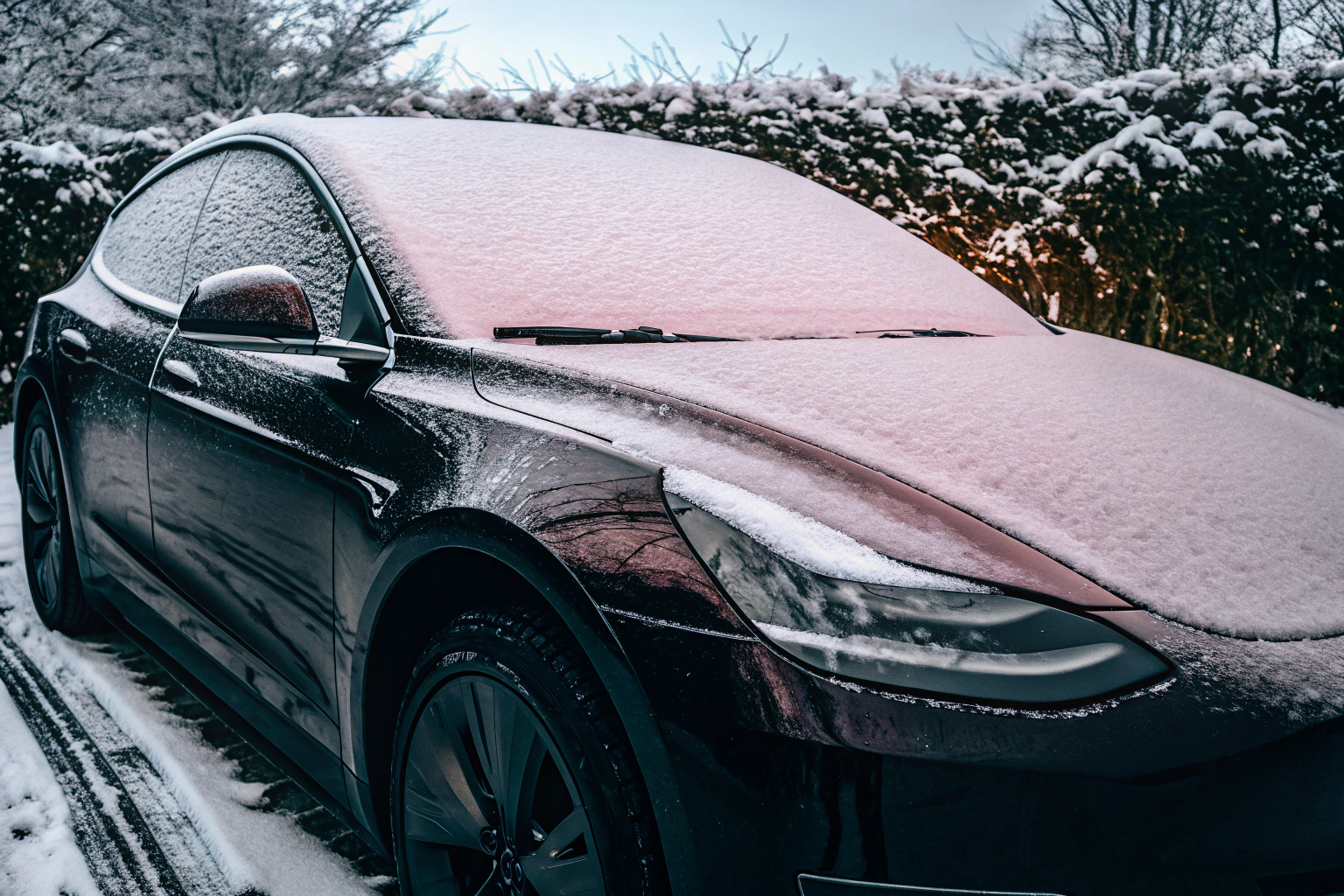 Ein E-Auto, das mit einer Windschutzscheibenabdeckung vor Schnee geschützt ist. Windschutzscheibenabdeckung im Einsatz