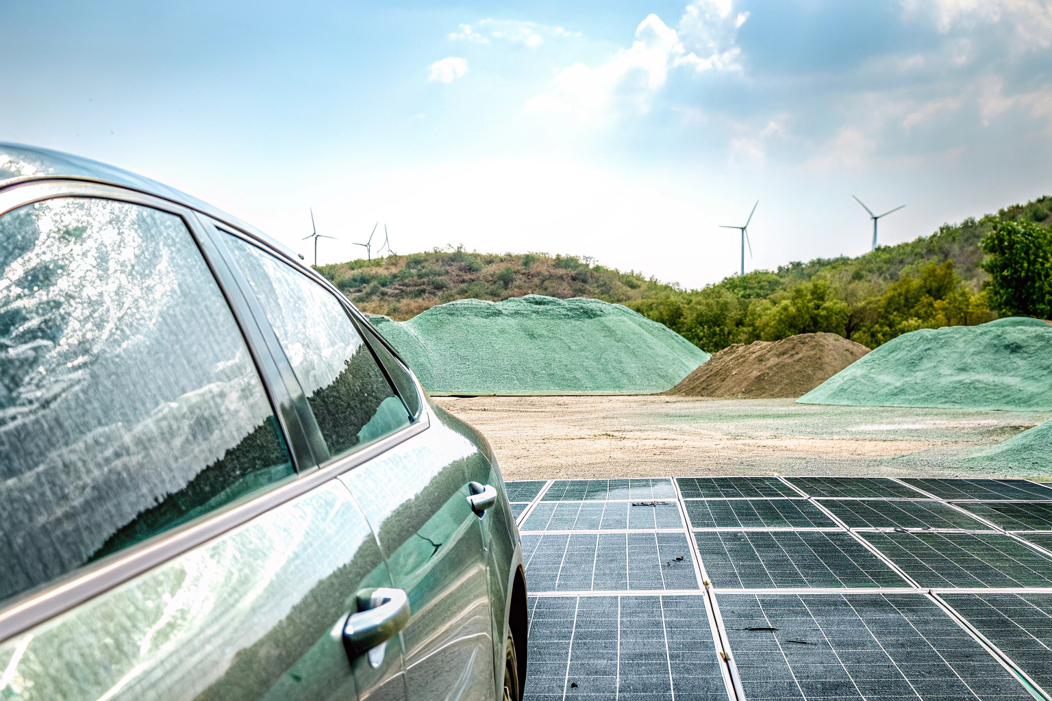 Ein Elektroauto bei einem Rohstoffabbau, umweltfreundliche Materialien. Rohstoffabbau für Elektroautos.