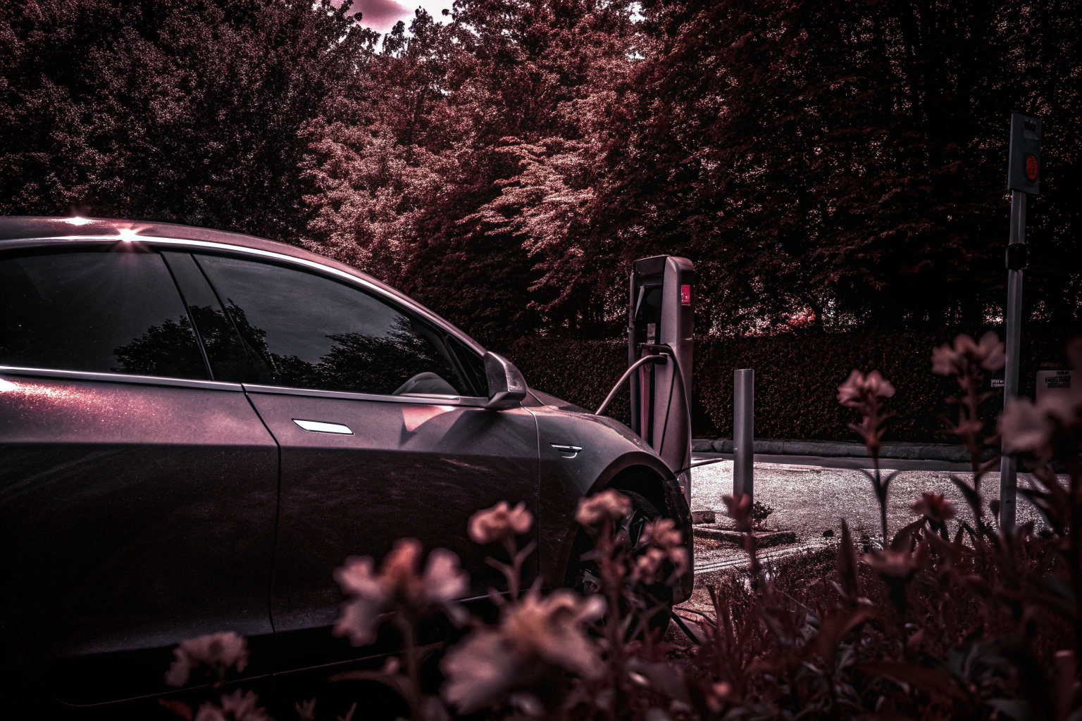 Ein Elektroauto, das an einer Ladestation angeschlossen ist, um grüne Energie zu tanken. Elektroauto an Ladestation