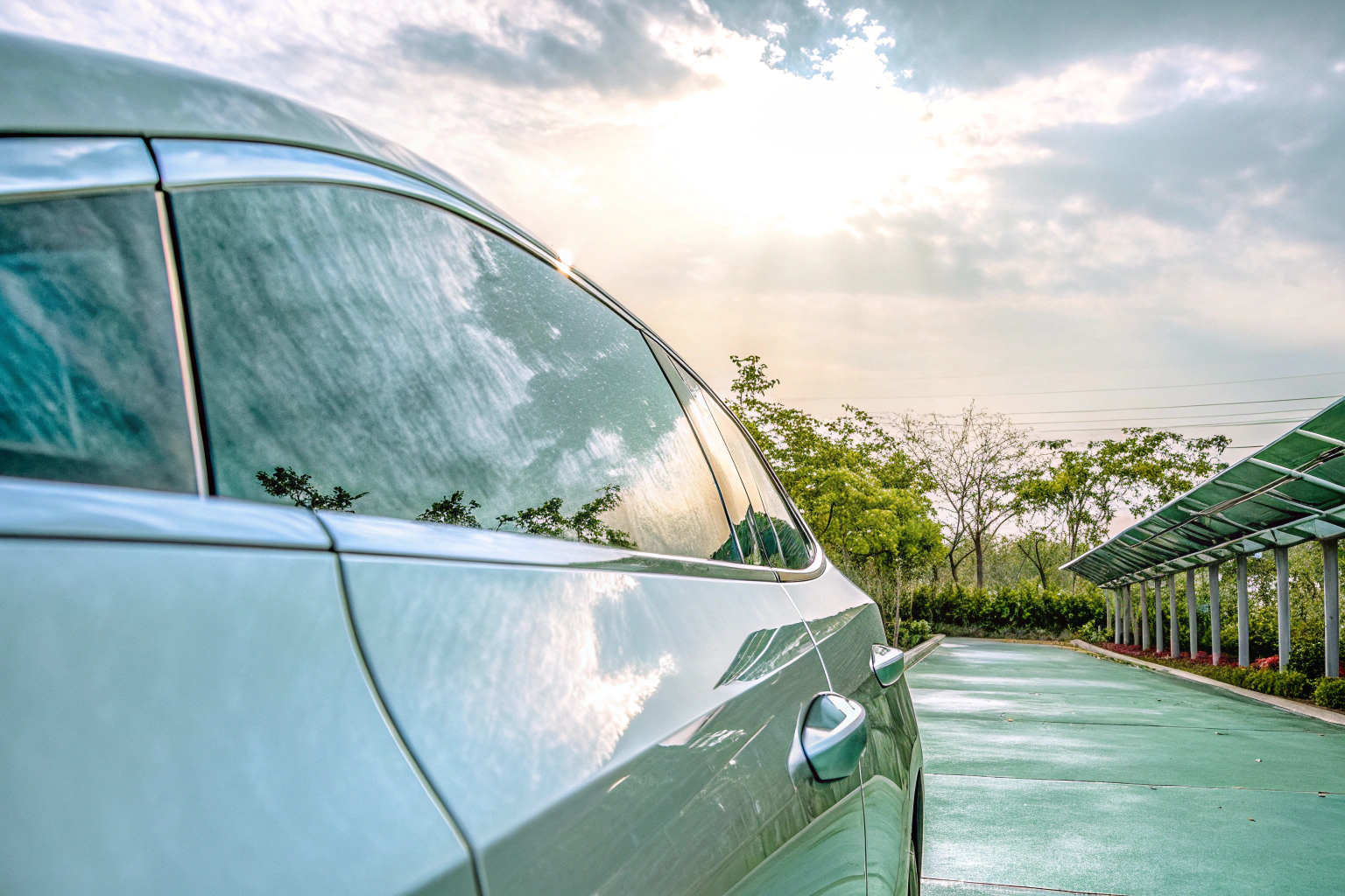 Ein Elektroauto, das an einer Ladestation aufgeladen wird, um die Umweltbelastung zu reduzieren. Elektroauto an Ladestation