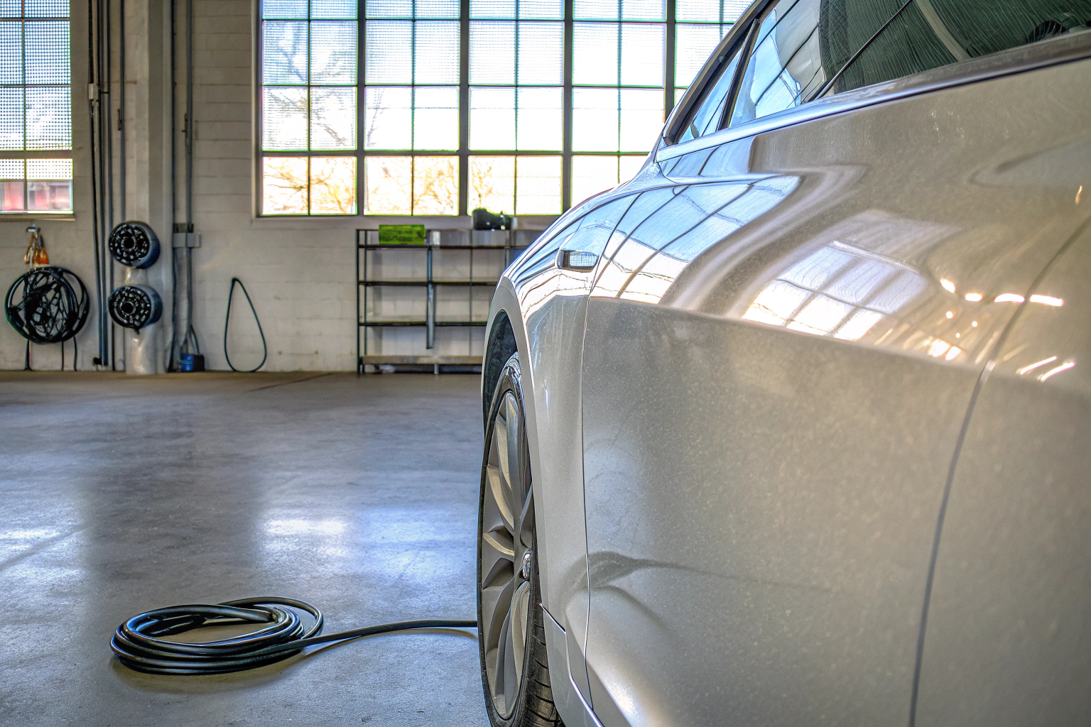 Ein Elektroauto in einer modernen Garage mit einer Ladestation und sauber verstautem Zubehör. Elektroauto in Garage mit Ladestation