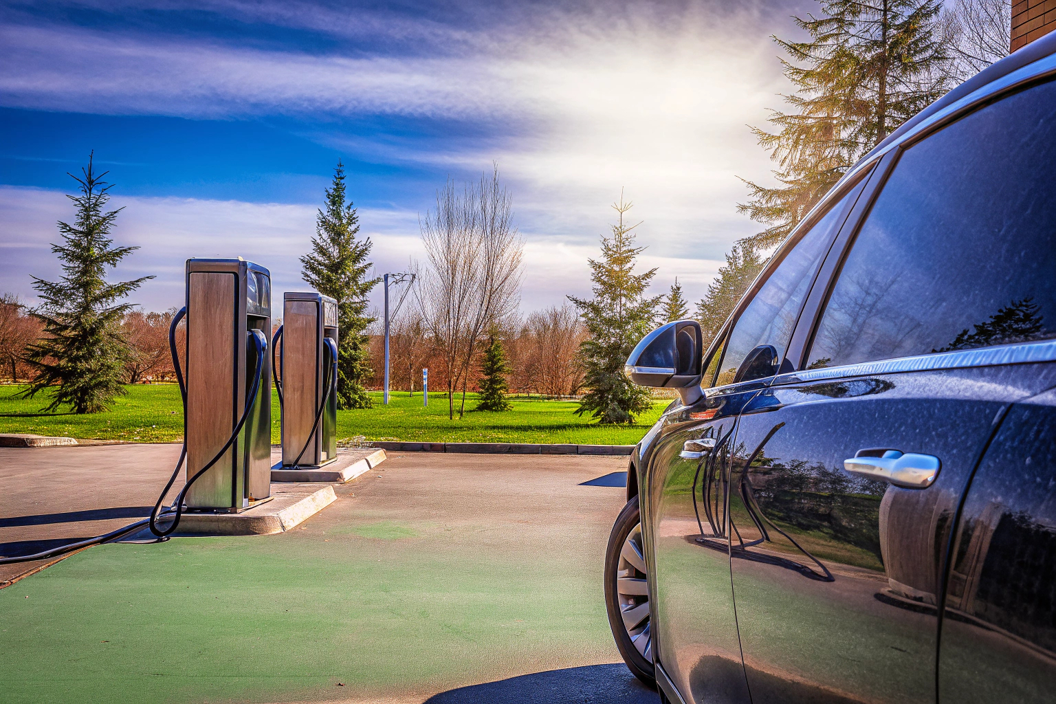 Ein Elektroauto wird an einer Ladestation aufgeladen. Elektroauto an Ladestation