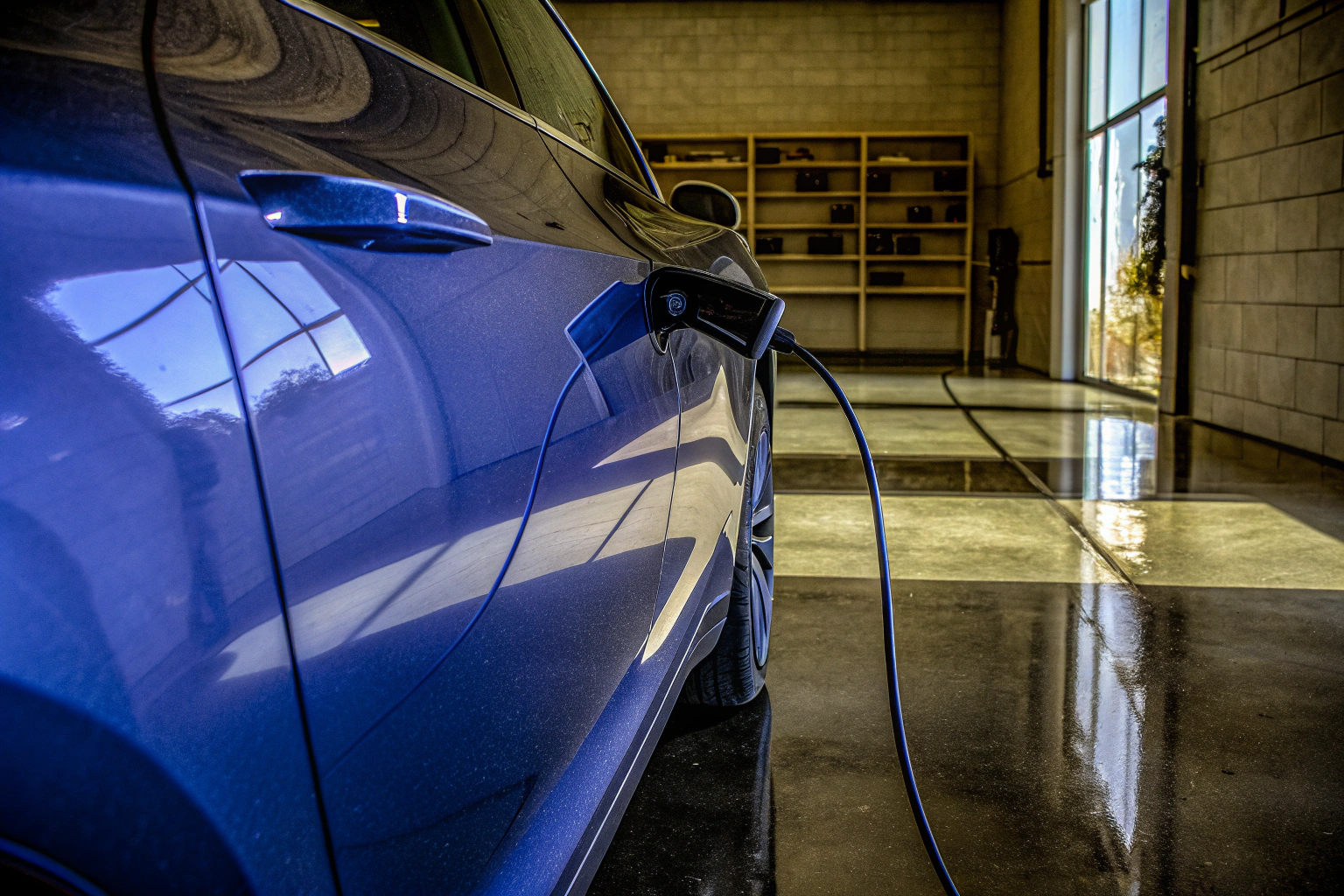 Ein Elektroauto wird in einer heimischen Garage geladen. Heimladestation für Elektroautos