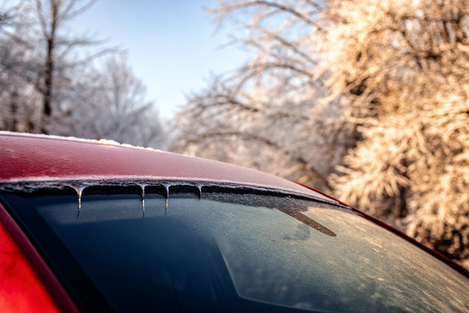 Ein Fahrer, der den Eiskratzer benutzt, um die vereiste Windschutzscheibe eines E-Autos zu reinigen. Eiskratzer im Einsatz