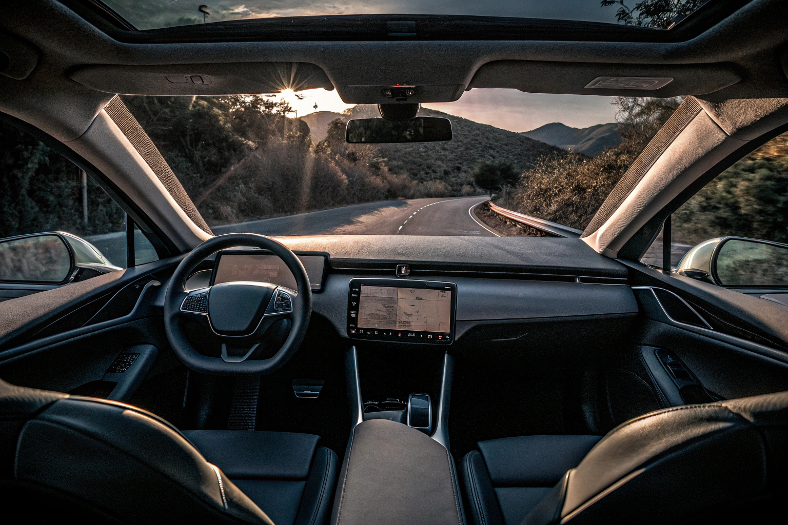 Ein Fahrer, der ein Elektroauto fährt und die Funktionen des Fahrzeugs nutzt. Fahrer im Elektroauto