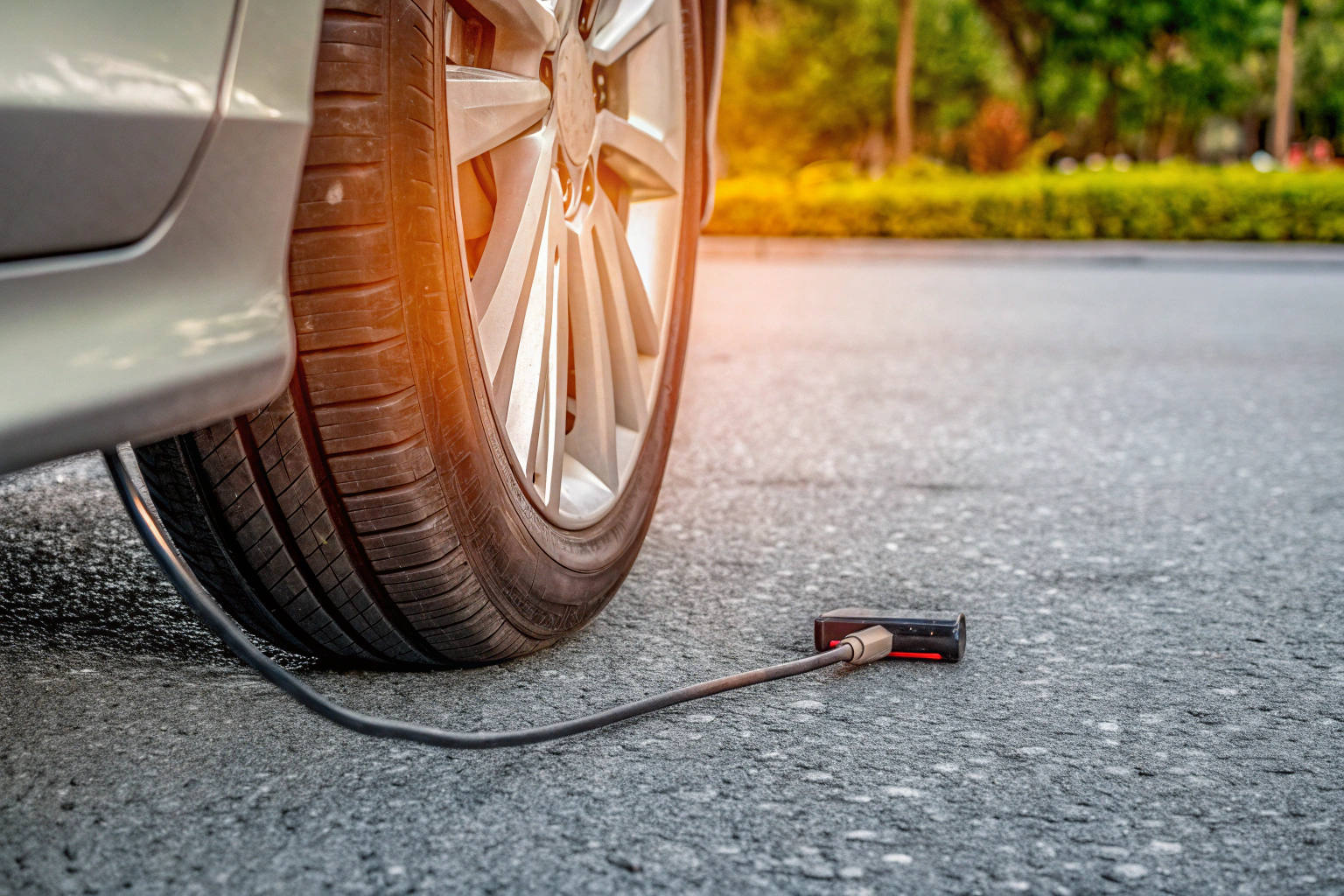 Ein Fahrer überprüft den Reifendruck an seinem Auto mit einem digitalen Reifendruckmesser Fahrer überprüft Reifendruck