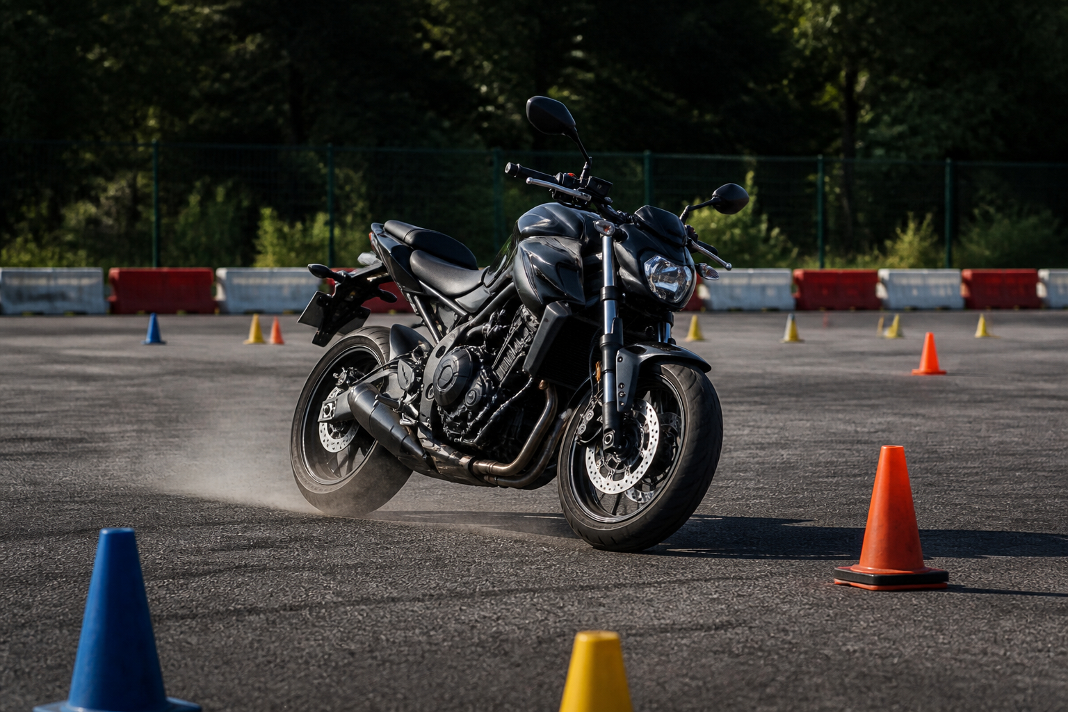 Fahrschüler trainiert Bremsung für den A2-Motorradführerschein