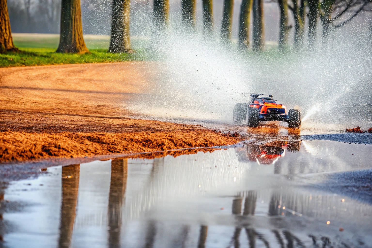 Ein ferngesteuertes Auto, das durch eine Pfütze fährt und dabei Wasserspritzer erzeugt, vor einem Hintergrund aus Bäumen und Gras. RC-Auto in einer Pfütze