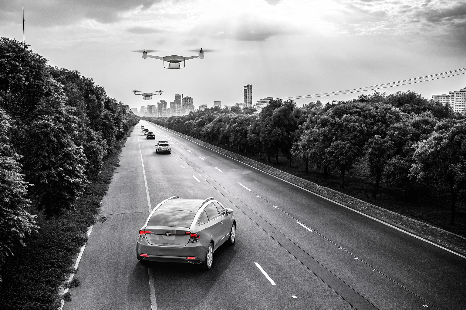 Ein futuristisches Auto, das autonom fährt und mit anderen Fahrzeugen kommuniziert. Futuristisches autonomes und vernetztes Auto
