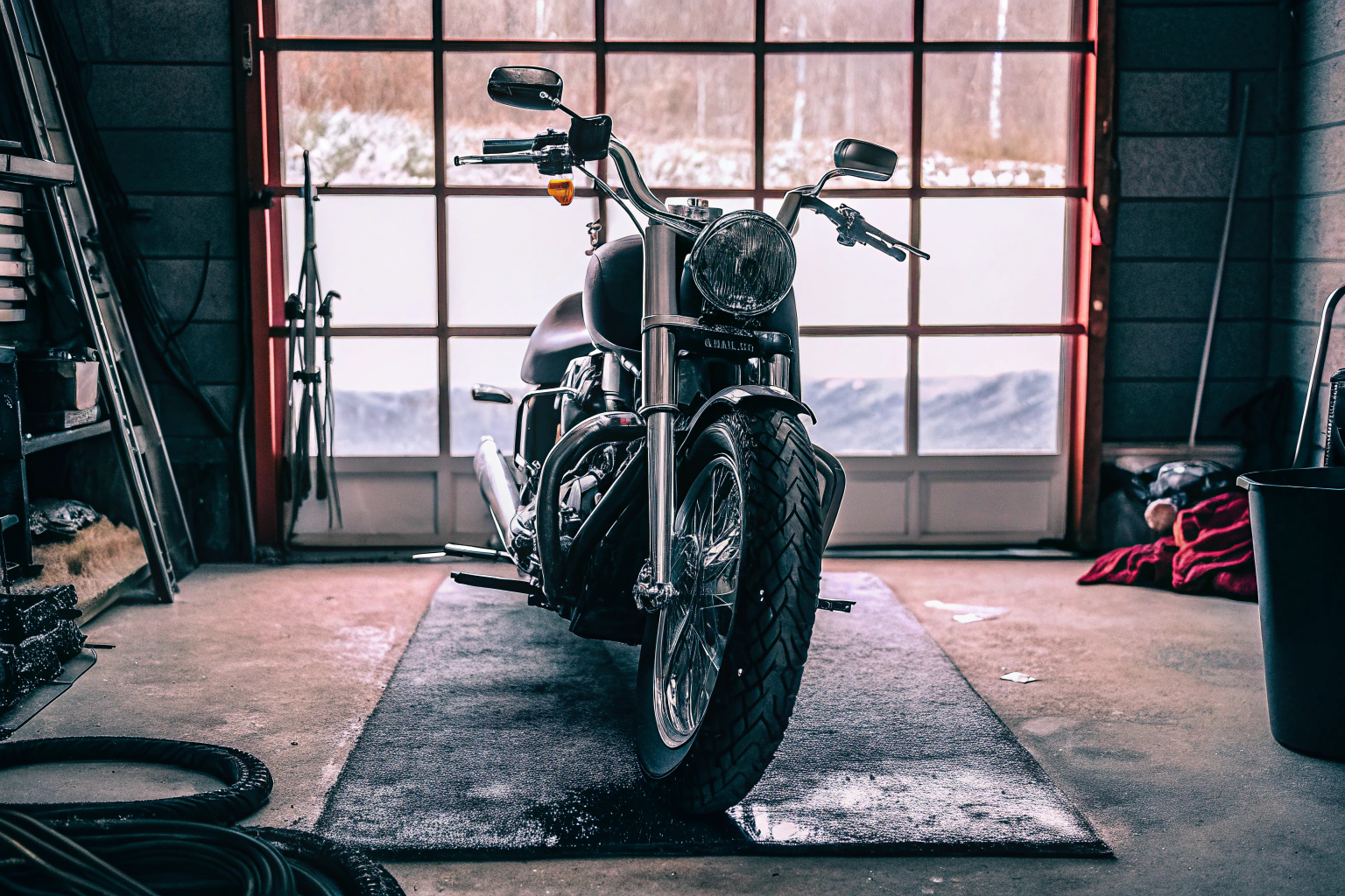 Ein glänzendes, sauber poliertes Motorrad, das für die Einlagerung vorbereitet wird. Motorrad Reinigung