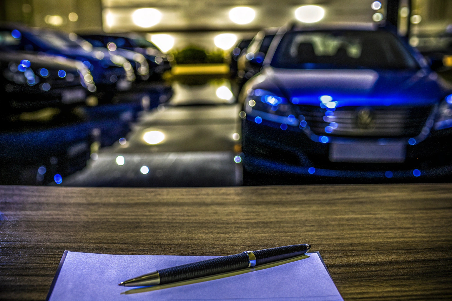 Ein glücklicher Kunde unterschreibt einen Fahrzeugfinanzierungsvertrag im Autohaus. Unterzeichnung des Fahrzeugfinanzierungsvertrags