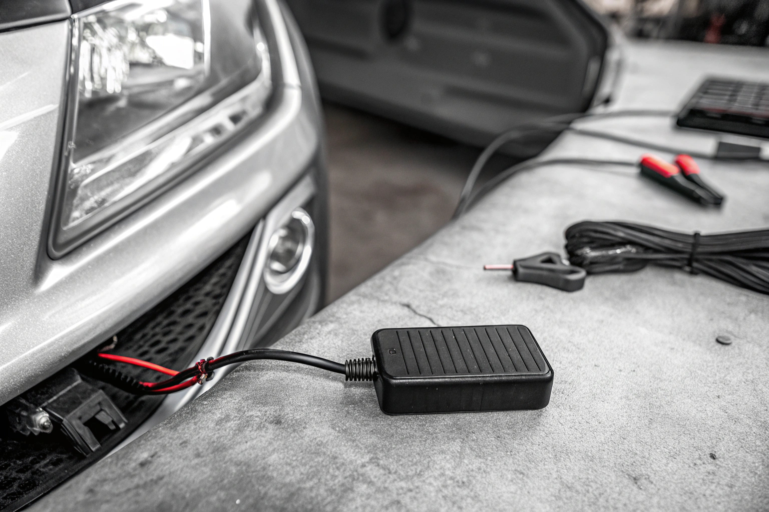 Ein GPS-Tracker, der an der Batterie eines Autos angeschlossen ist. GPS-Tracker an Autobatterie