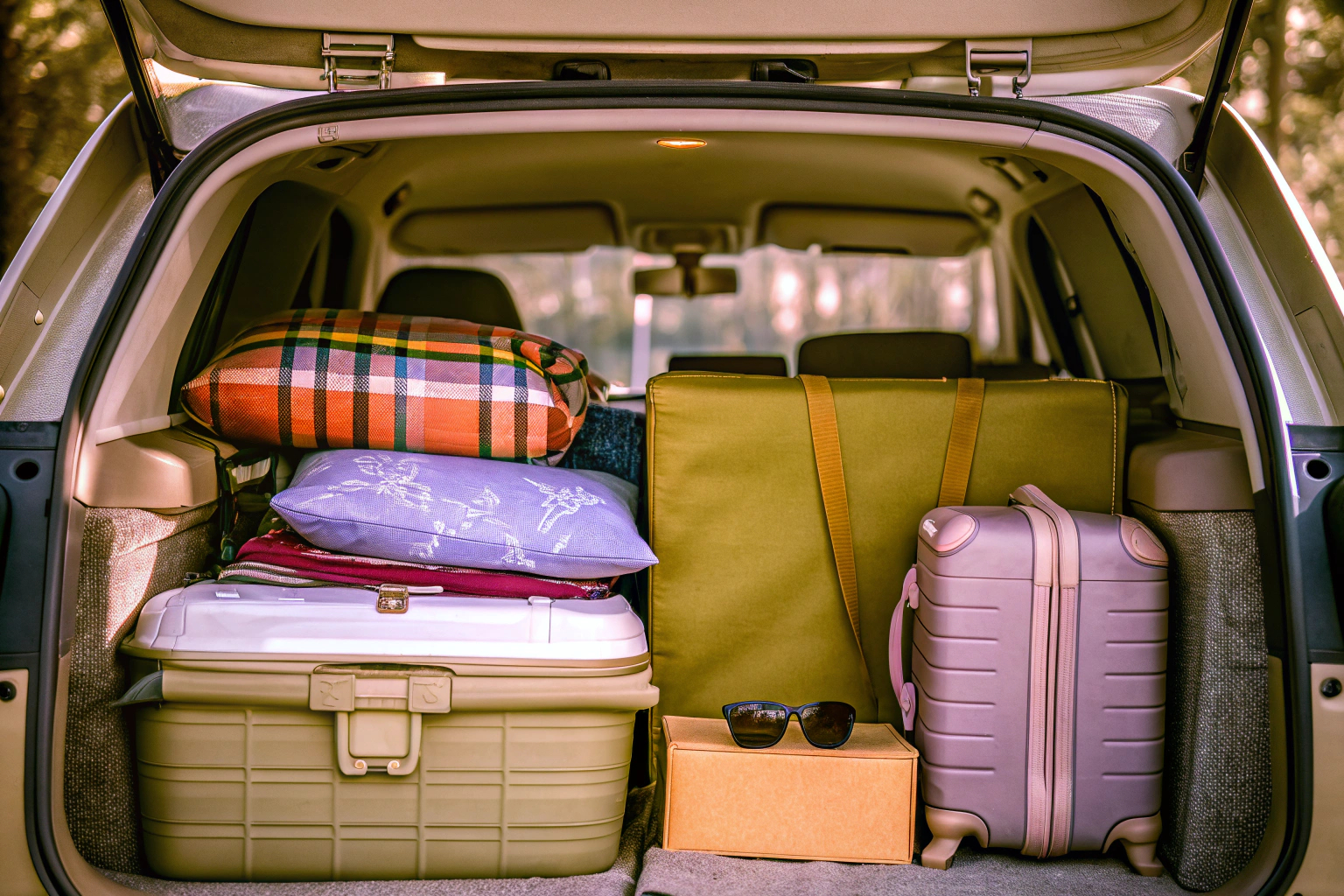 Ein gut organisierter Kofferraum mit Gepäck und Zubehör für einen Roadtrip. Organisierter Kofferraum für Roadtrip