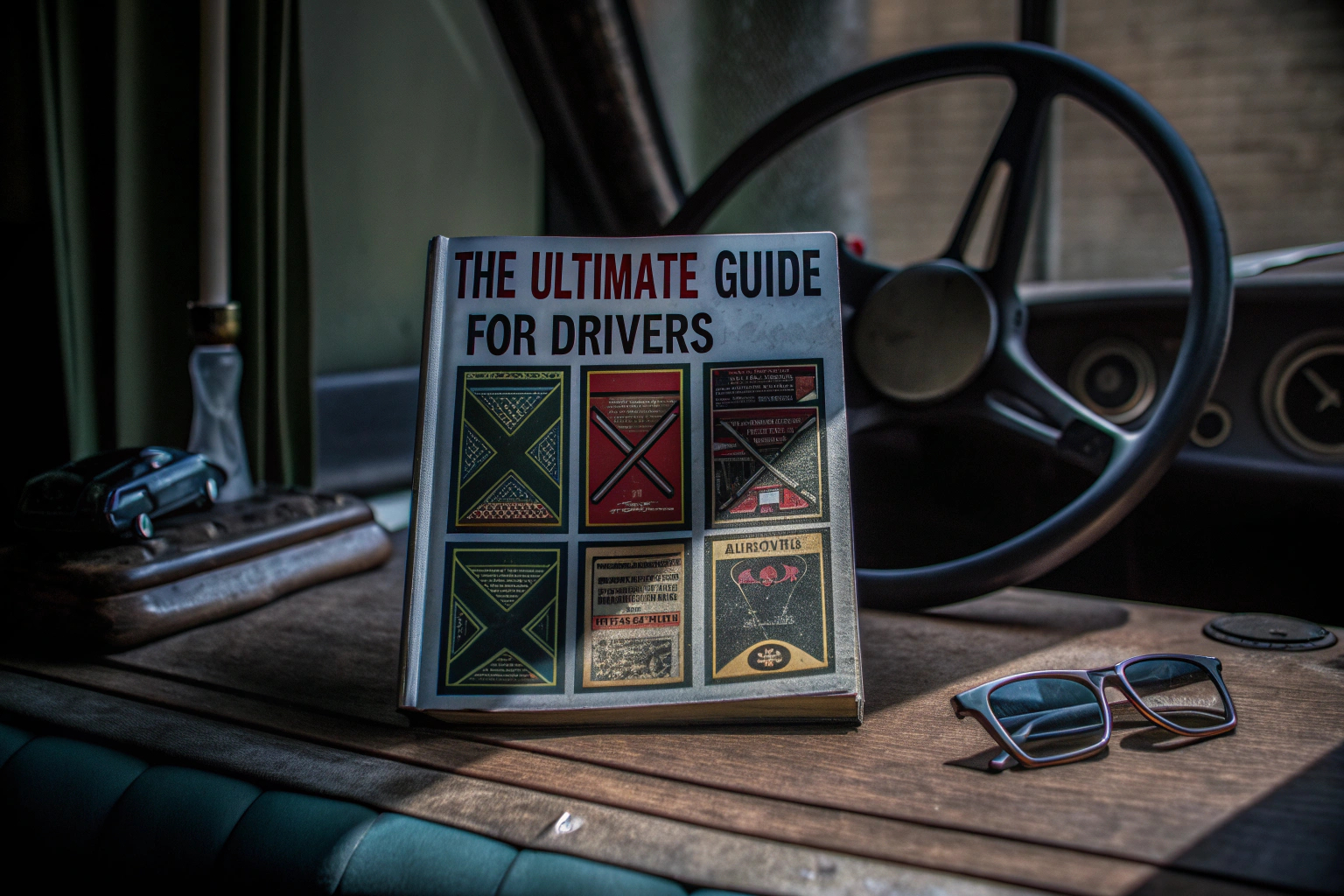 Ein humorvolles Buch über das Autofahren, das auf einem Tisch liegt. Humorvolles Buch über Autofahren