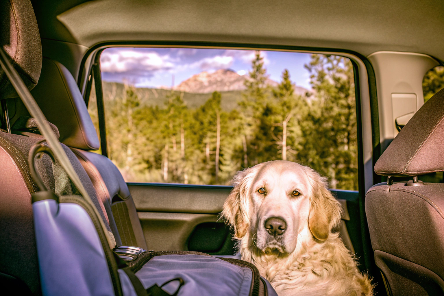 Hund in Autositz auf Langstreckenfahrt