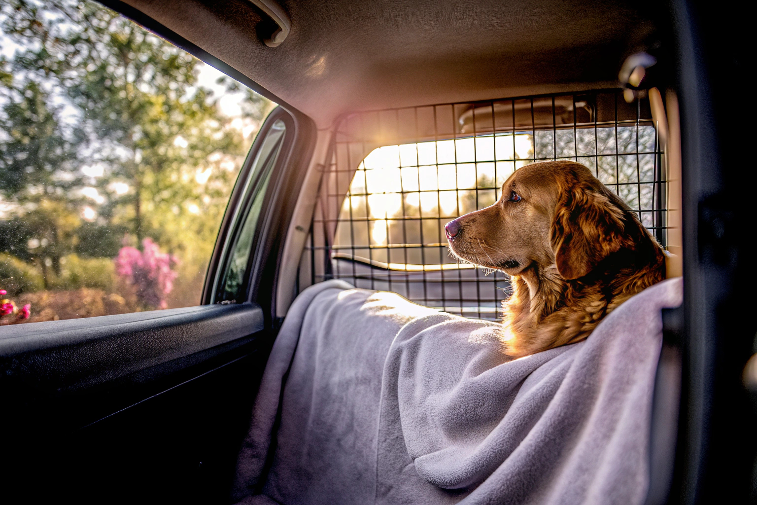 Ein Hund, der aus einer Transportbox schaut und die Umgebung betrachtet. Hund in Transportbox mit Aussicht