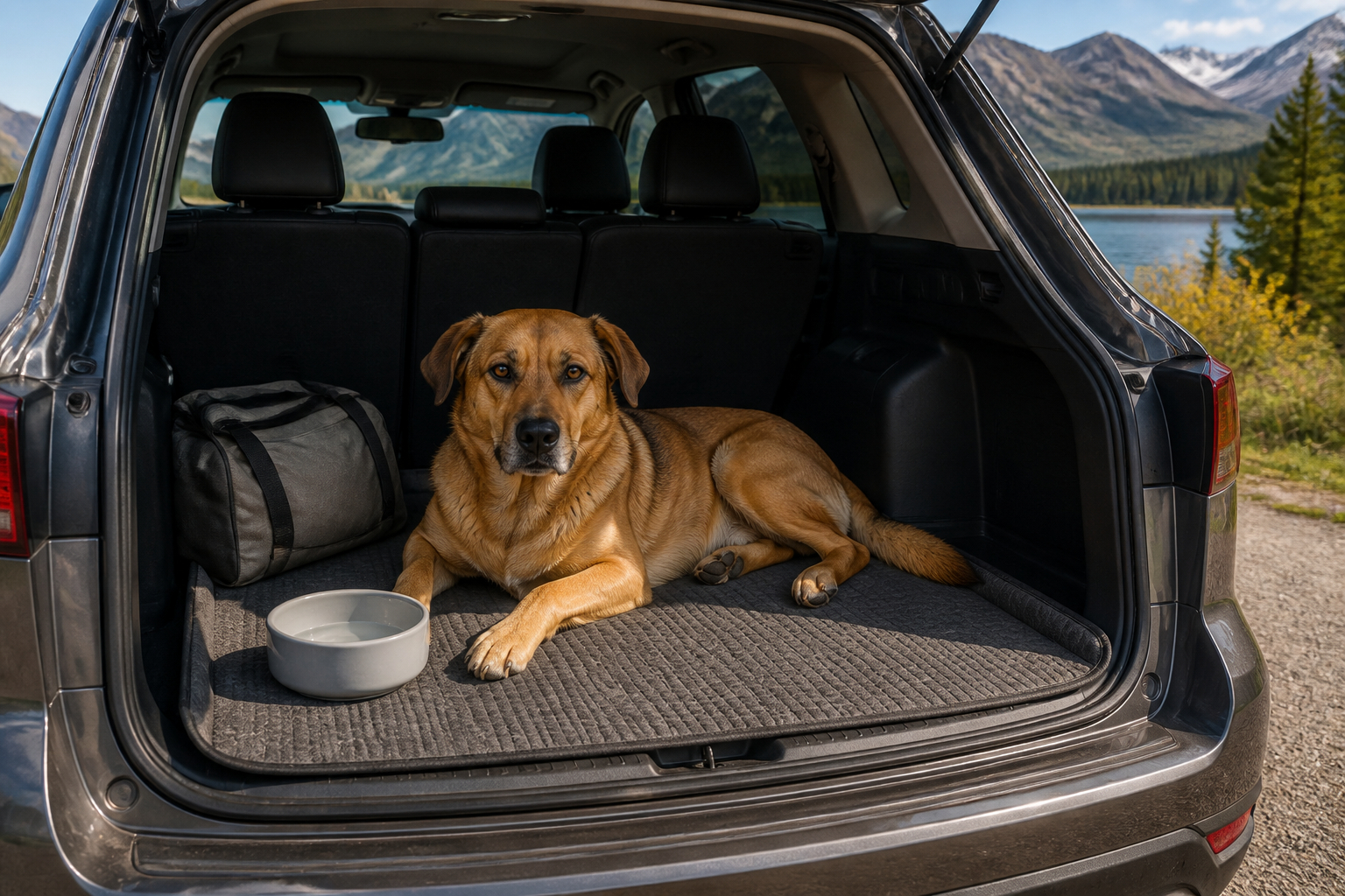 Hund mit Wasser und Unterlage während einer Autofahrt