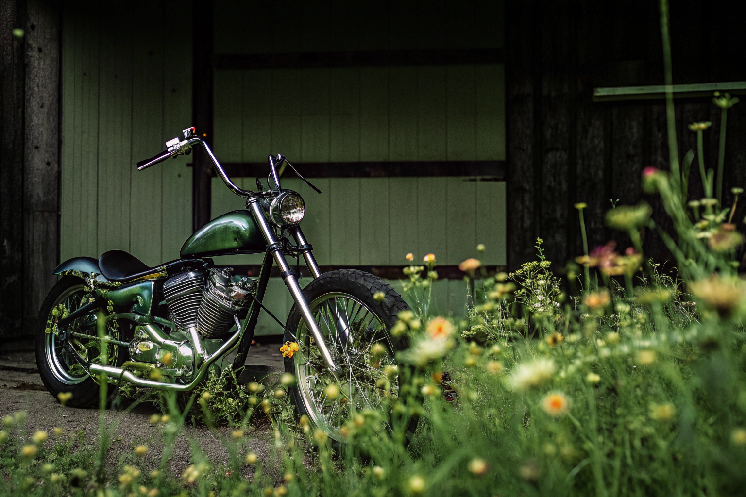 Ein individuell gestaltetes Motorrad mit einem Vintage-Auspuff-Hitzeschild. Individuell gestaltetes Motorrad