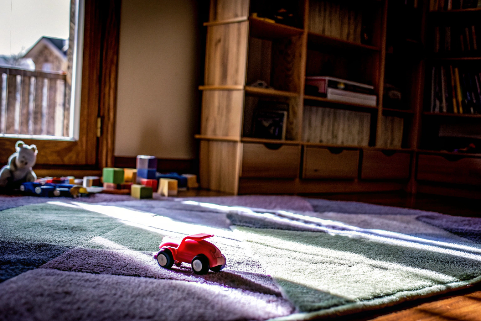 Ein Kind, das mit einem Spielzeugauto auf einem Teppich spielt, ein Paradebeispiel für einen fantasievollen Spieltag. Kind spielt mit Spielzeugauto
