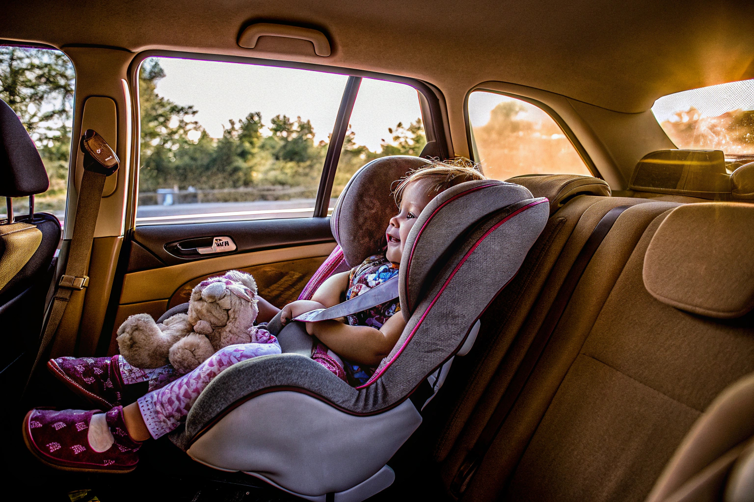 Ein Kind sitzt während der Autofahrt sicher in einem modernen Kindersitz. Kind im modernen Kindersitz