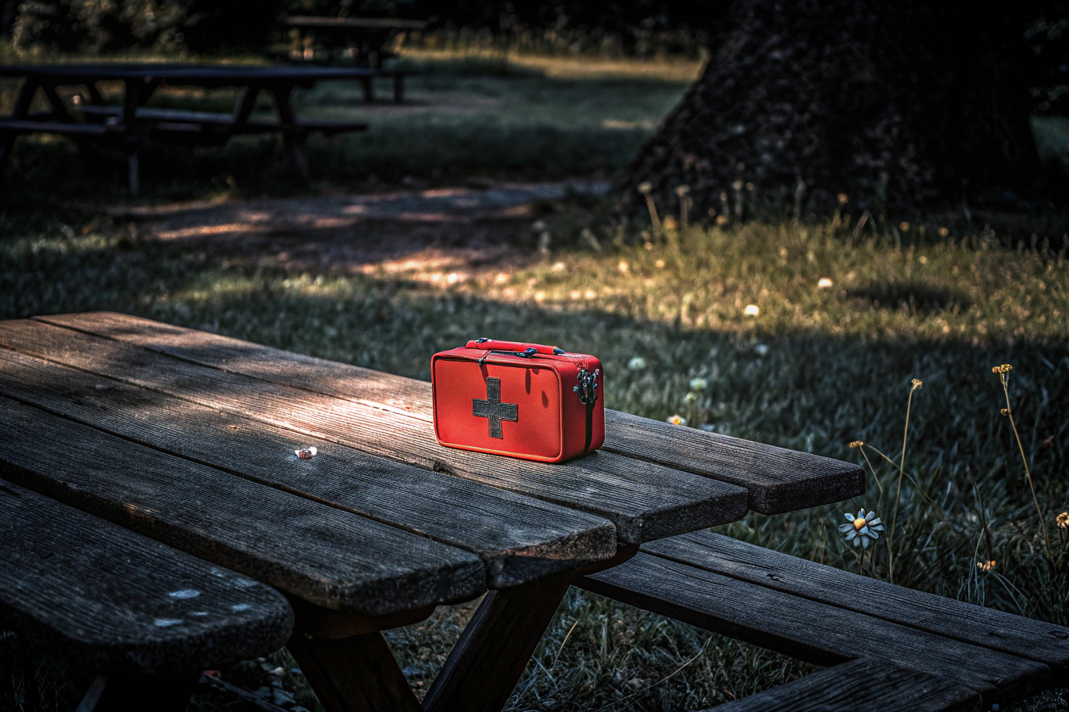 Ein kompaktes Erste-Hilfe-Set, das auf einem Picknick-Tisch im Freien liegt. Kompaktes Erste-Hilfe-Set
