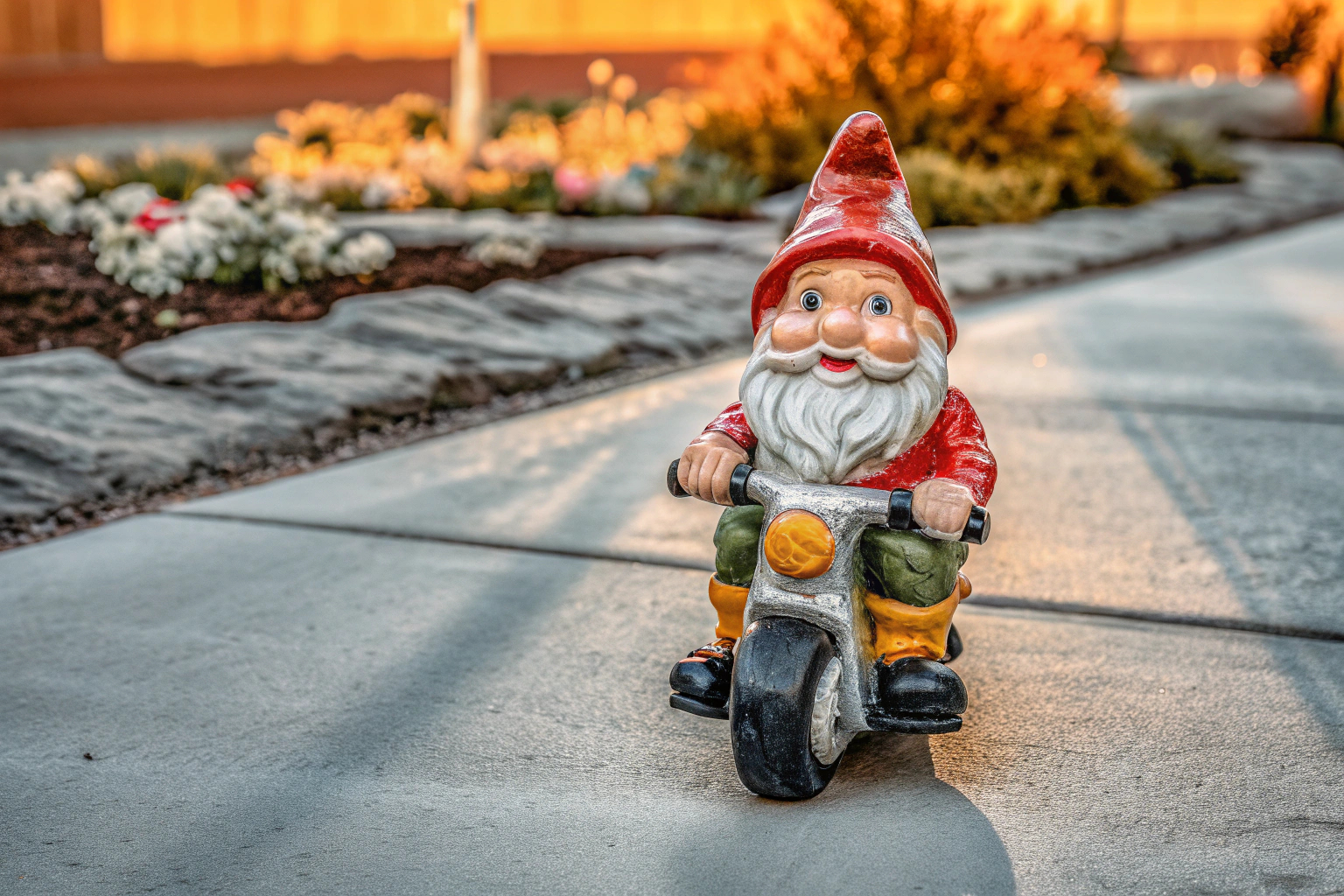 Ein lustiger Gartenzwerg auf einem Mini-Motorrad in einem Garten. Gartenzwerg auf Motorrad