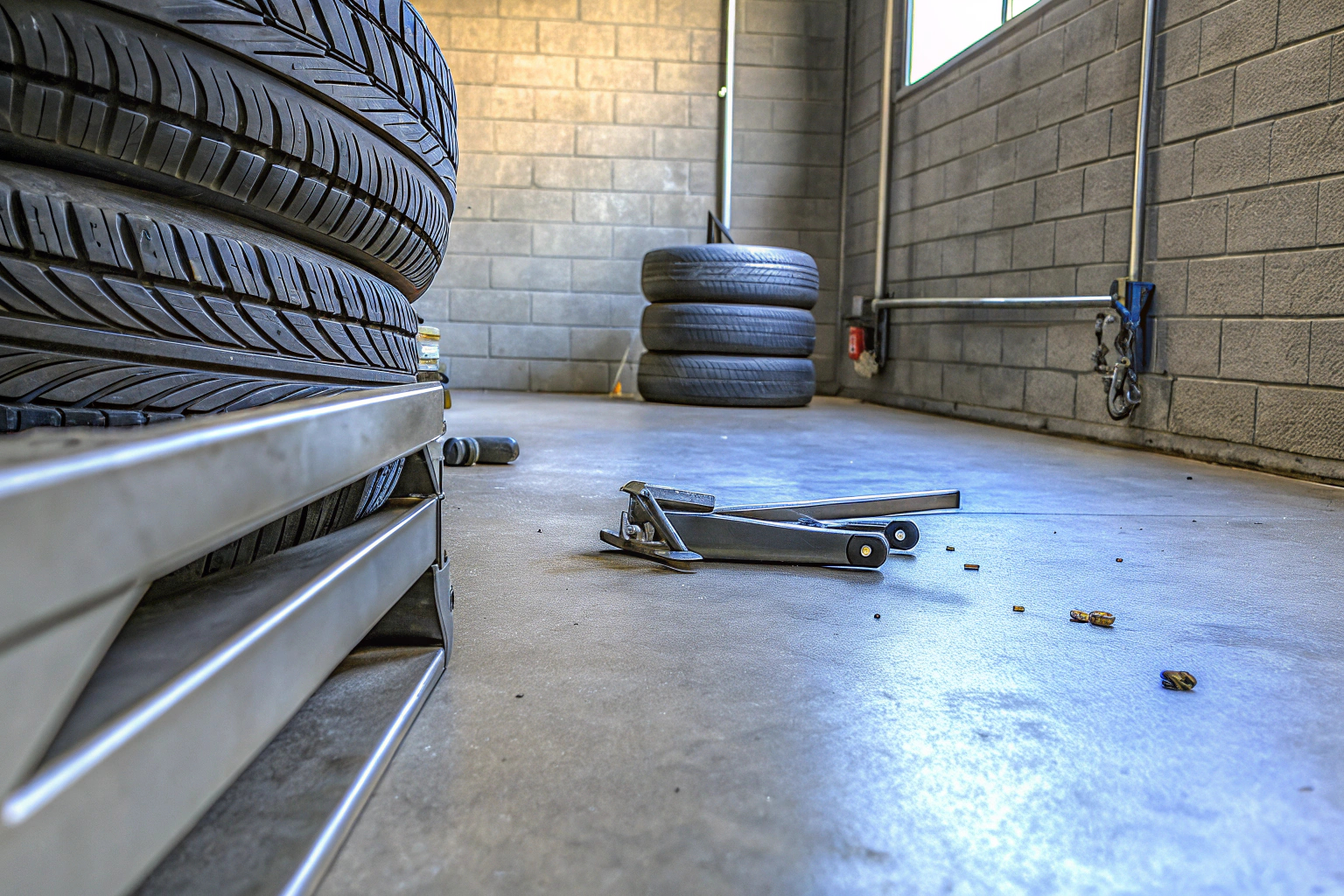 Ein Mann, der in seiner Garage Reifen wechselt, ausgestattet mit verschiedenen Werkzeugen. Mann wechselt Reifen in der Garage