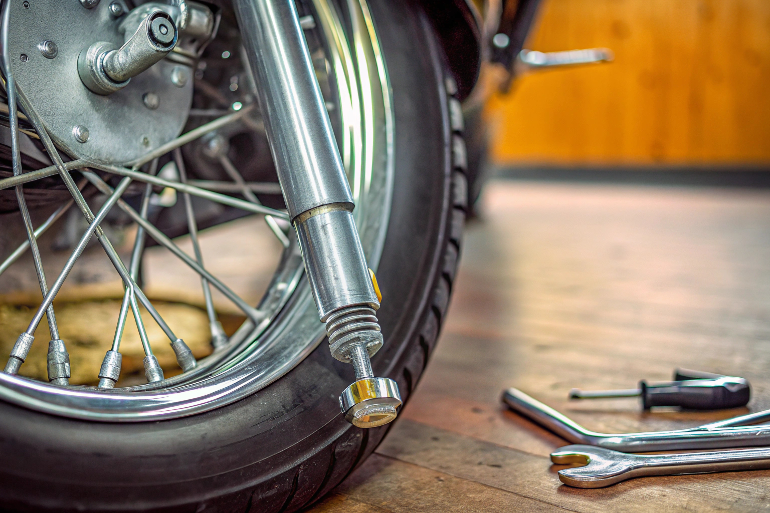 Ein Mechaniker bei der Bremsenwartung eines Motorrads. Motorrad Bremsenwartung