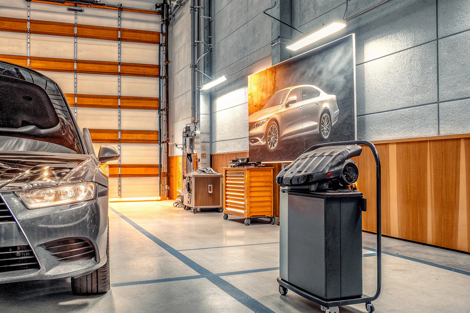 Ein Mechaniker, der ein Auto mit einem Diagnosegerät überprüft. Mechaniker nutzt Diagnosegerät