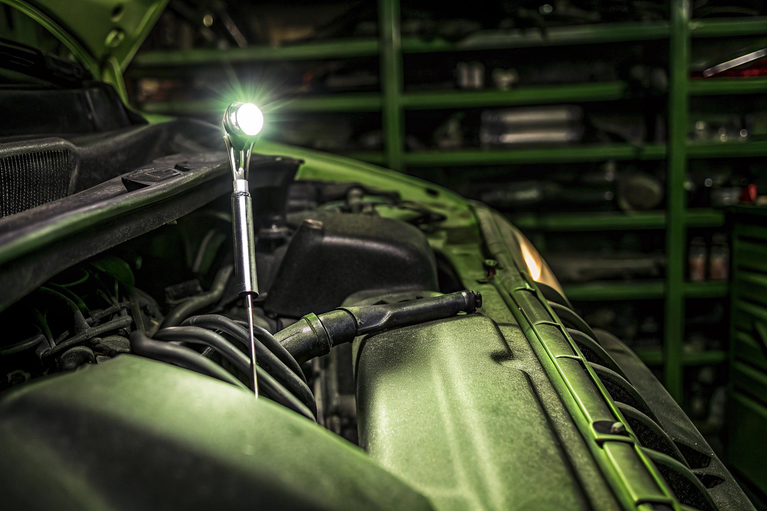 Ein Mechaniker, der eine Fahrzeuginspektion durchführt und den Motor überprüft. Mechaniker bei der Fahrzeuginspektion